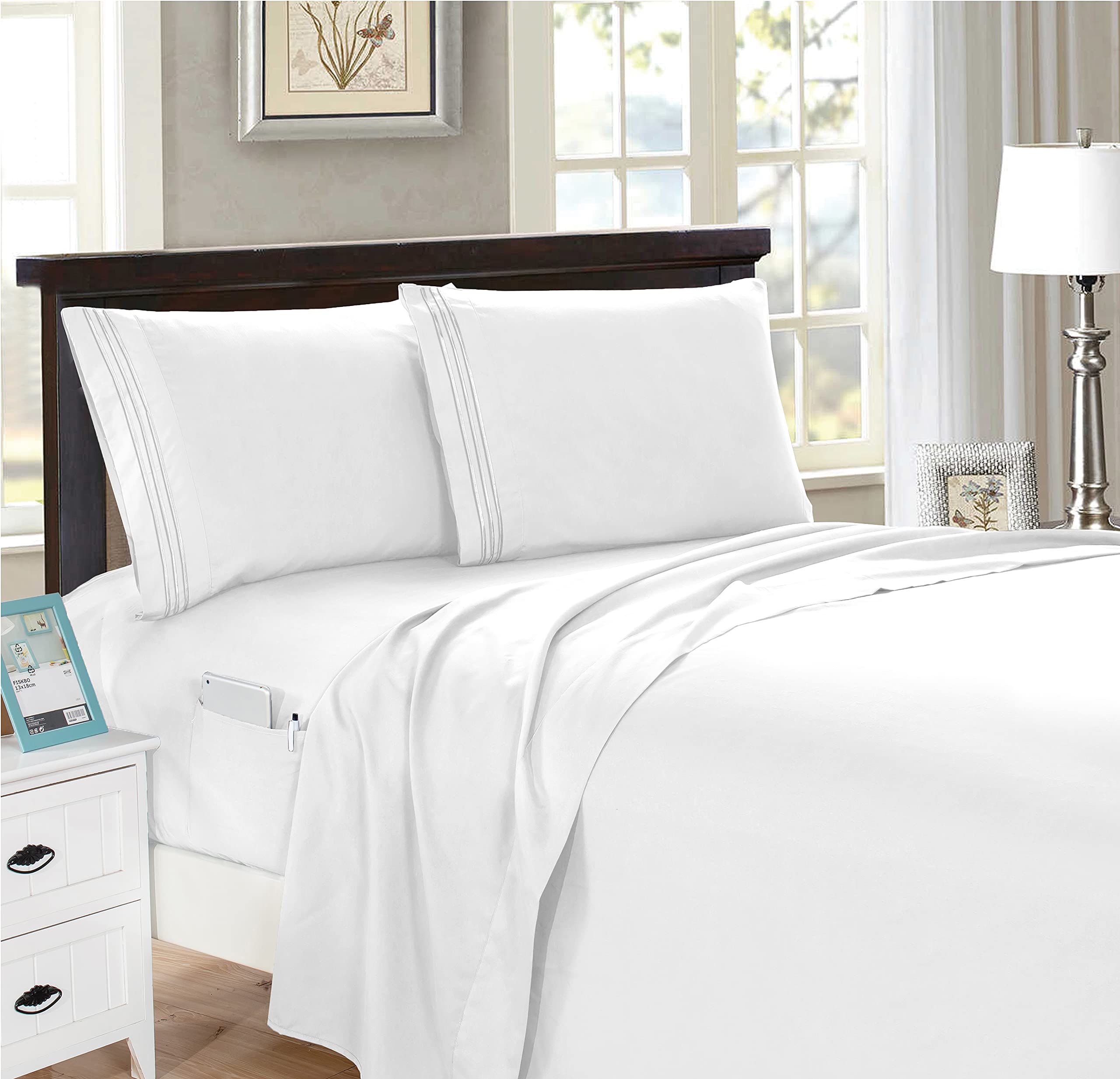 Luxury 1500 Thread Count Queen Sheet Set - 4 Piece Soft & Wrinkle-Free Hotel Quality Bedding with Side Pockets - Perfect for Master Bedroom, Guest Room & Vacation Homes - White