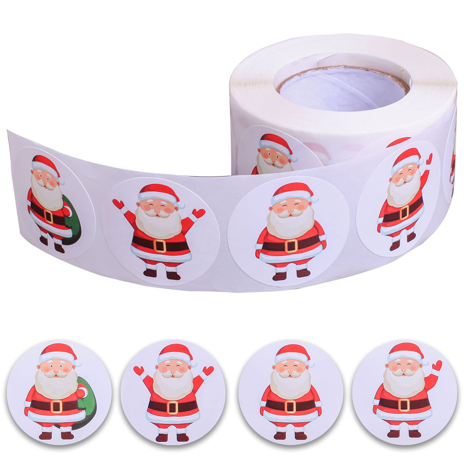 YIJIXIAO 500 Pcs Christmas Stickers - 4 Styles Santa Claus Stickers, 1.5 Inch Self-Adhesive Labels for Xmas Party Decorations, Gift Wrapping & Scrapbooking (1 Roll, Xmas Santa Theme)