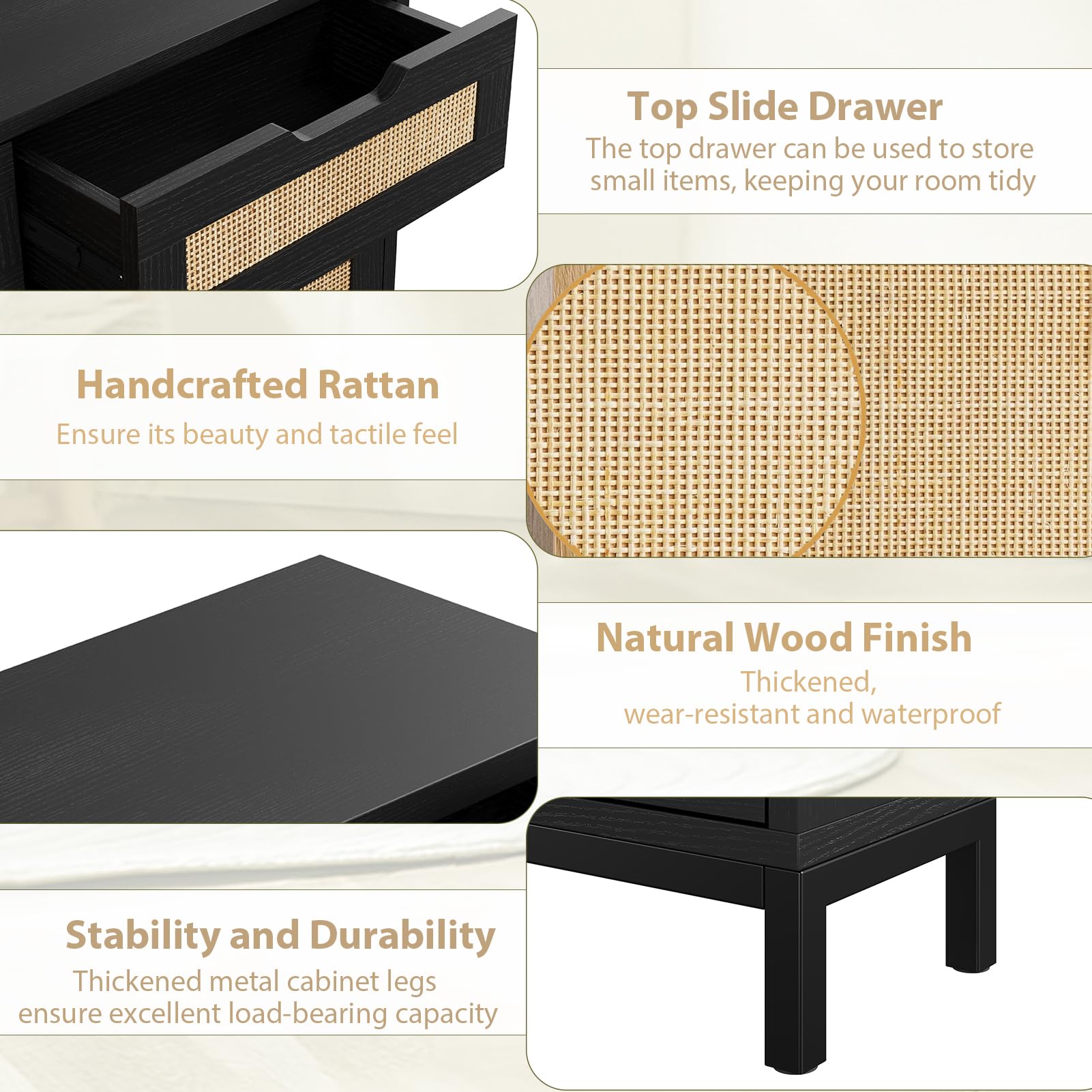 Modern Rattan Shoe Storage Cabinet - Narrow Entryway Shoe Organizer with 2 Flip Drawers, Free Standing Boho Style Shoe Rack for Hallway & Foyer - Perfect for Small Spaces & Hidden Shoe Storage (Black)