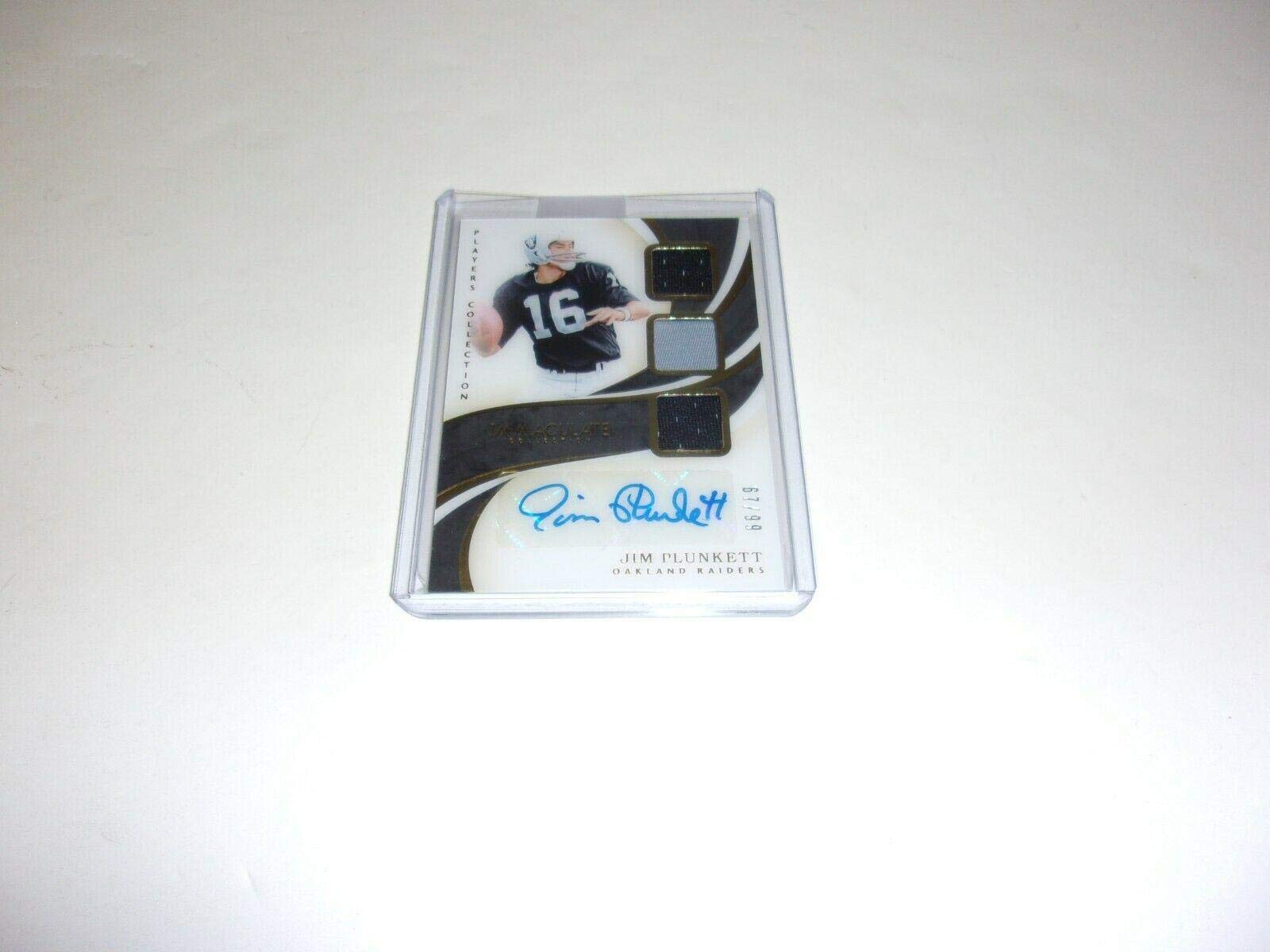 Jim Plunkett 2019 Immaculate Game Used Triple Jersey Auto 67/99 Signed Football Card - NFL Collectible Memorabilia for Fans & Sports Card Collectors