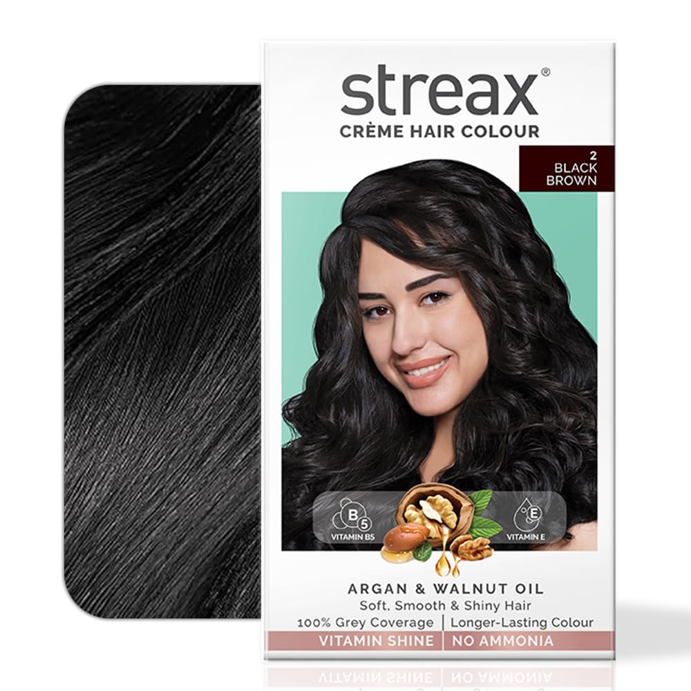 Streax Permanent Hair Color Cream for Women - 100% Gray Coverage with Argan & Walnut Oil - Long Lasting Brown Hair Dye (2 Black Brown, 120ml) - Perfect for Home Hair Coloring & Salon-Quality Results