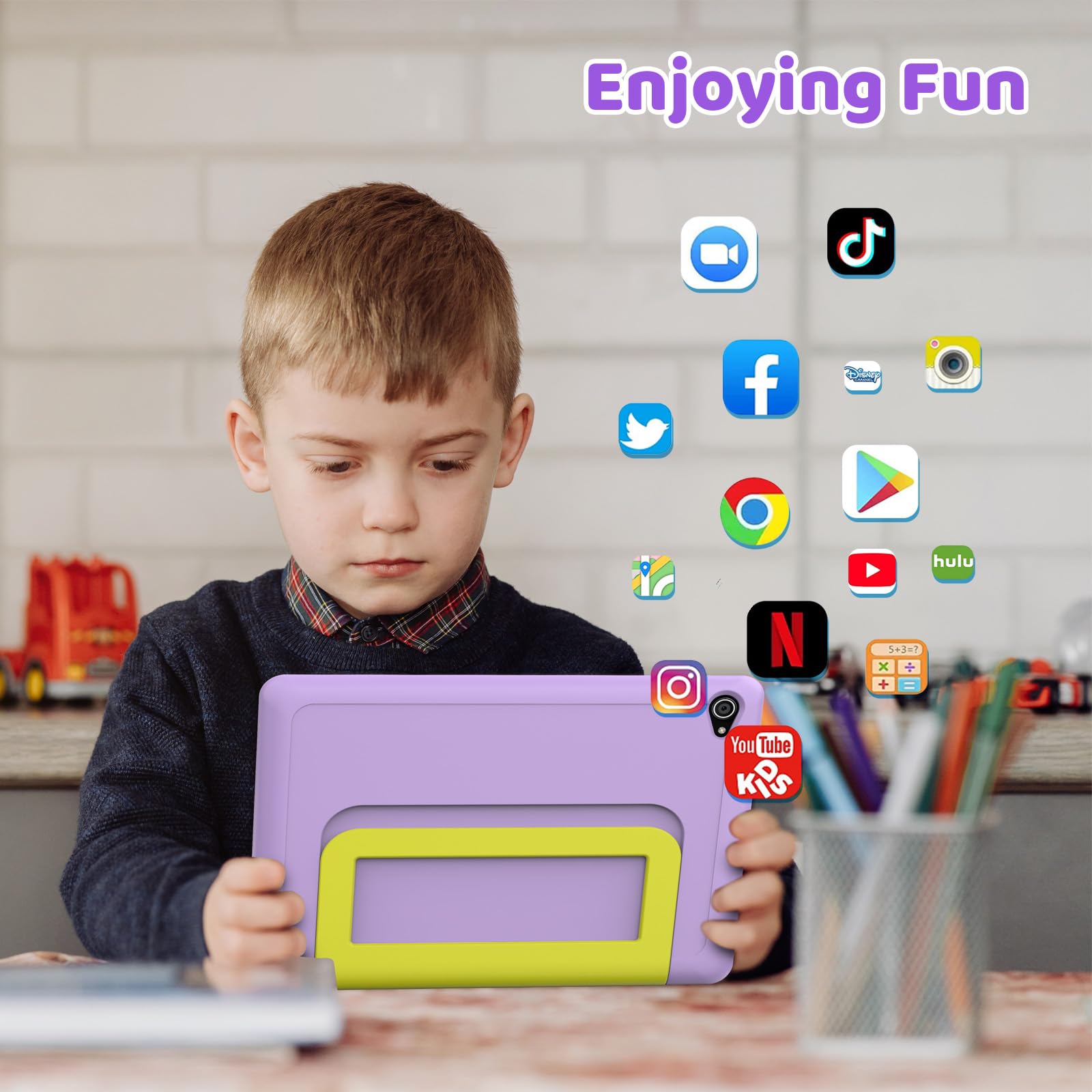 Mouikei 10 Inch Android 14 Kids Tablet - Octa Core Processor, 8GB RAM 64GB ROM, 1TB Expandable Storage, 5000mAh Battery, Wi-Fi, Bluetooth, Dual Camera - Purple - Perfect for Learning, Games & Entertainment for Children Ages 3-12