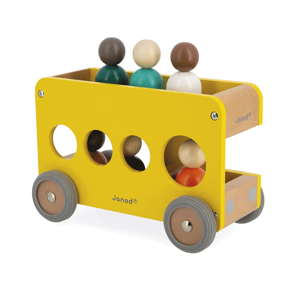 Janod Bolid School Bus Toy - Wooden Educational Toy for Kids, Perfect for Pretend Play & Early Learning | Great for Preschool, Daycare & Home Playtime