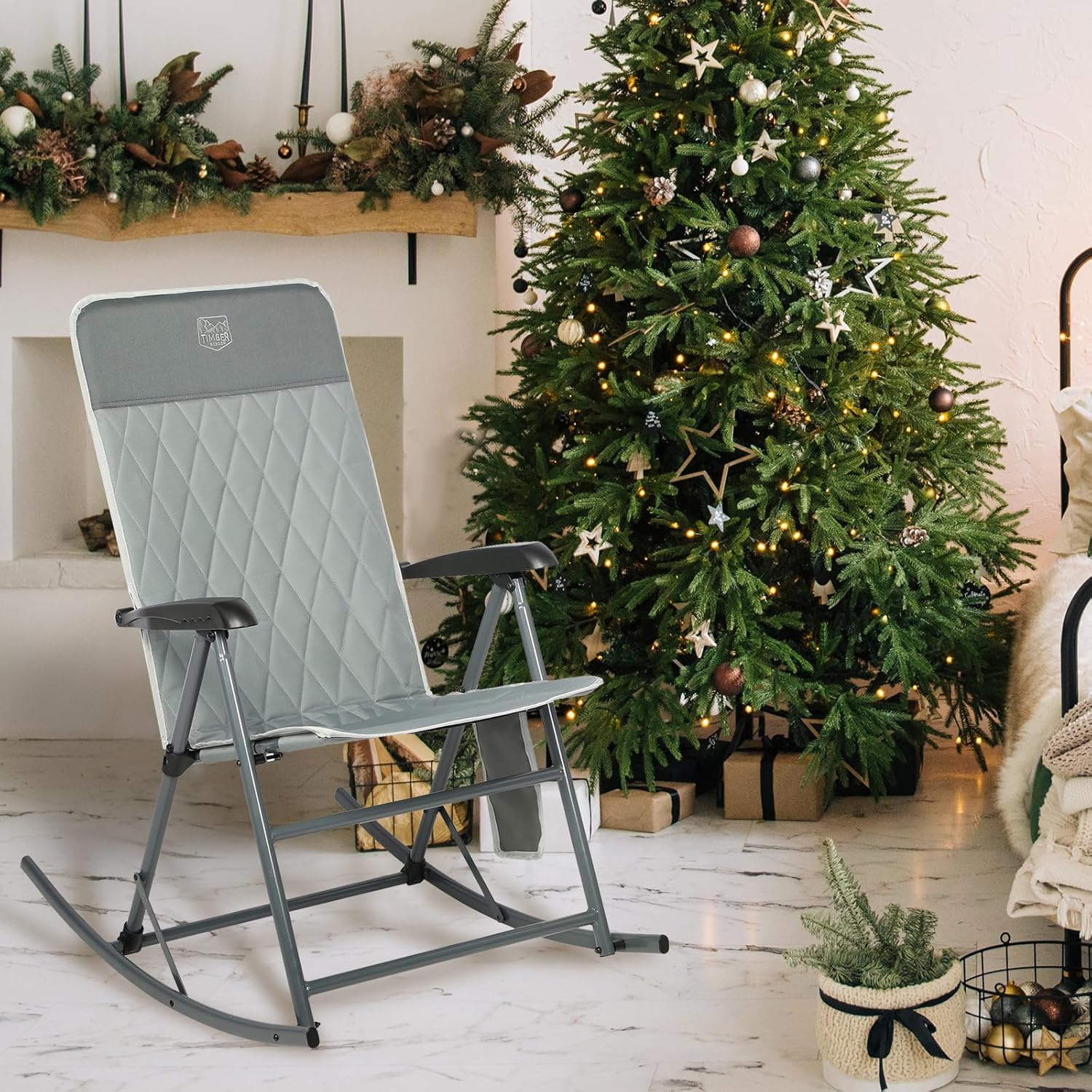 TIMBER RIDGE Adjustable Rocking Camping Chair - Padded High Back Outdoor Rocker with Side Pocket, Portable Folding Chair for Adults Supports 300 lbs - Perfect for Lawn, Patio, Porch, Beach & Backyard Relaxation (Grey, 1 Pack)