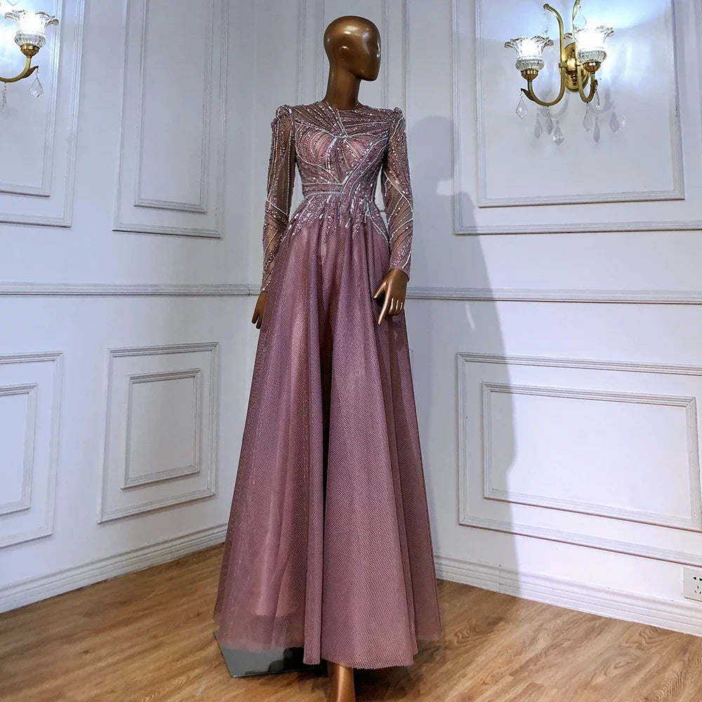 Serene Hill Muslim Pink A-Line Beaded Luxury Evening Dress Gown for Women - Wedding, Party, Prom, Formal Events - Elegant Long Sleeve Floor-Length Dress LA71290A