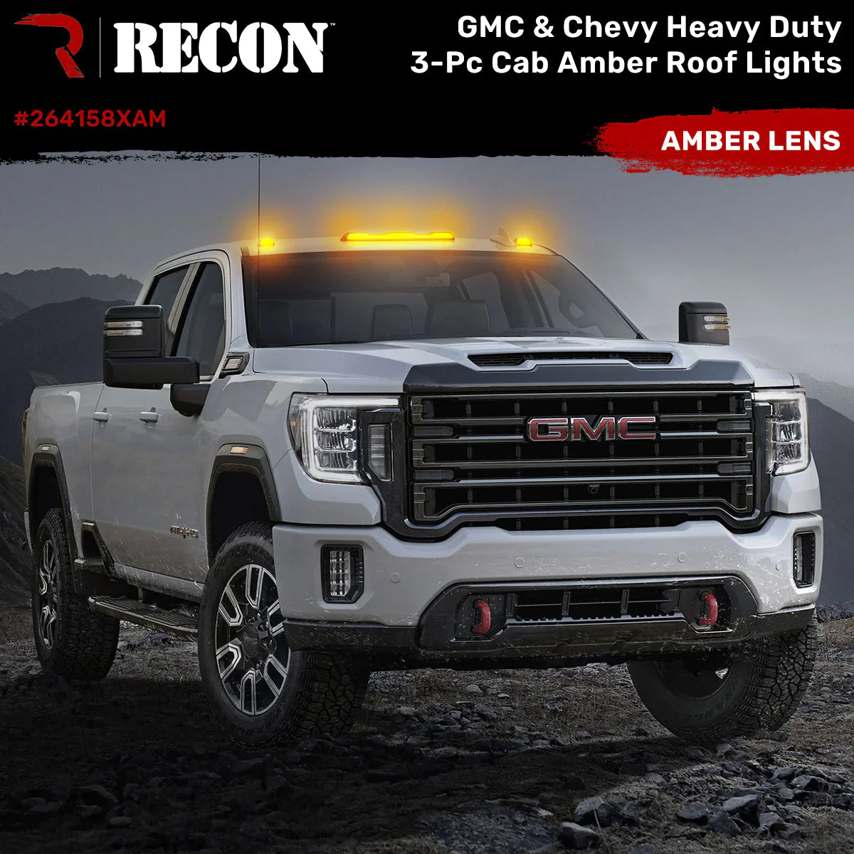GMC & Chevy 20-25 (4th GEN) Heavy Duty 3-Piece Amber Cab Roof Light Lens with LED - For Trucks Without Factory Roof Lights - Off-Road & Emergency Vehicle Lighting Upgrade