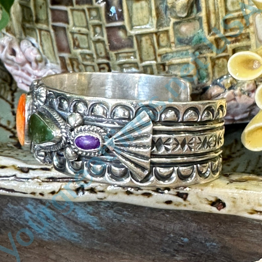 Authentic Navajo Delbert Gordon Sterling Silver Bracelet with Spiny Oyster Turquoise - Perfect for Boho Fashion, Western Style & Gift Giving