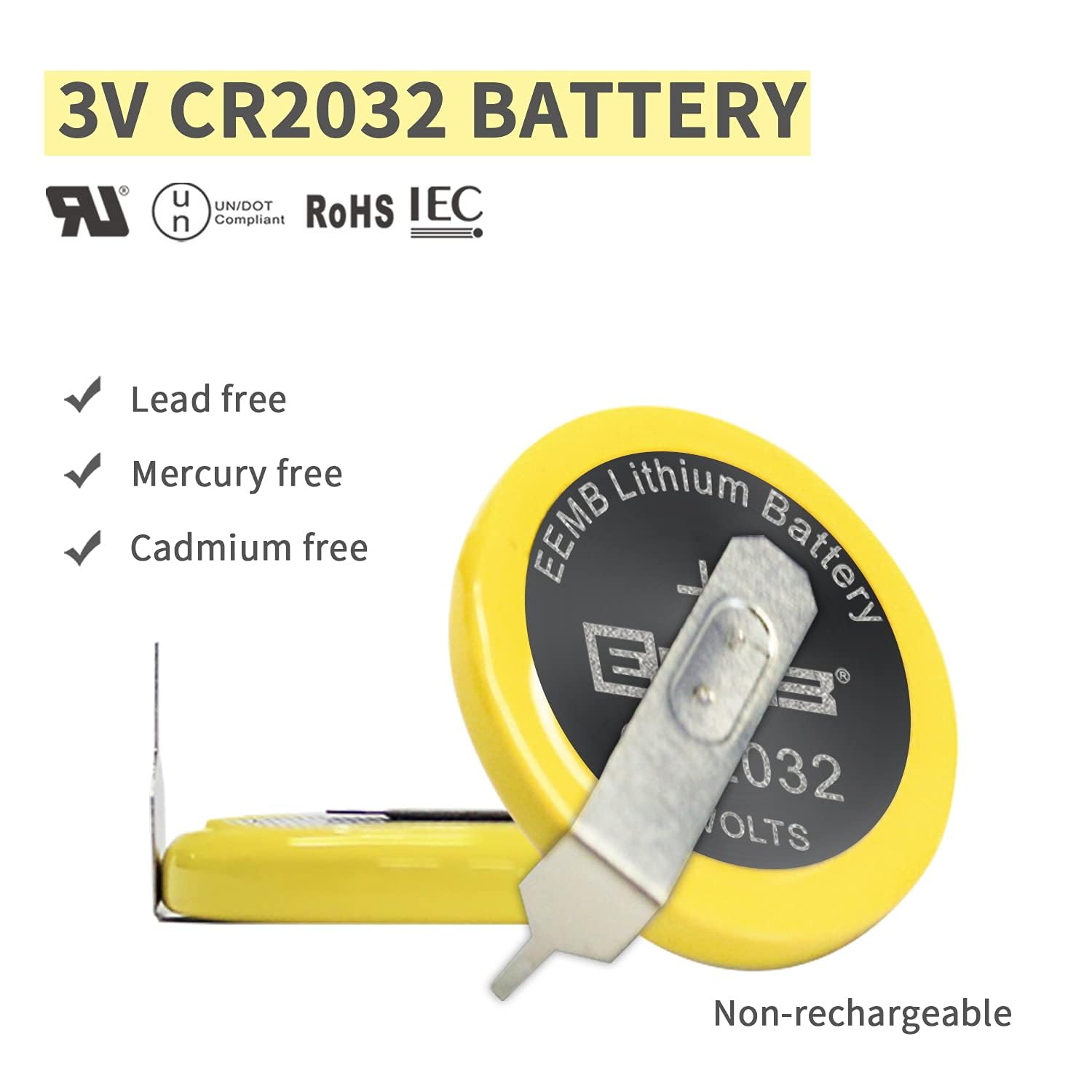 EEMB 10-Pack CR2032 Lithium Battery with Solder Tabs - 3V Coin Cell Battery for Sensors, Radios, Gameboy Color & Electronics - Replacement Power Source for Key Fobs, Watches, and Medical Devices