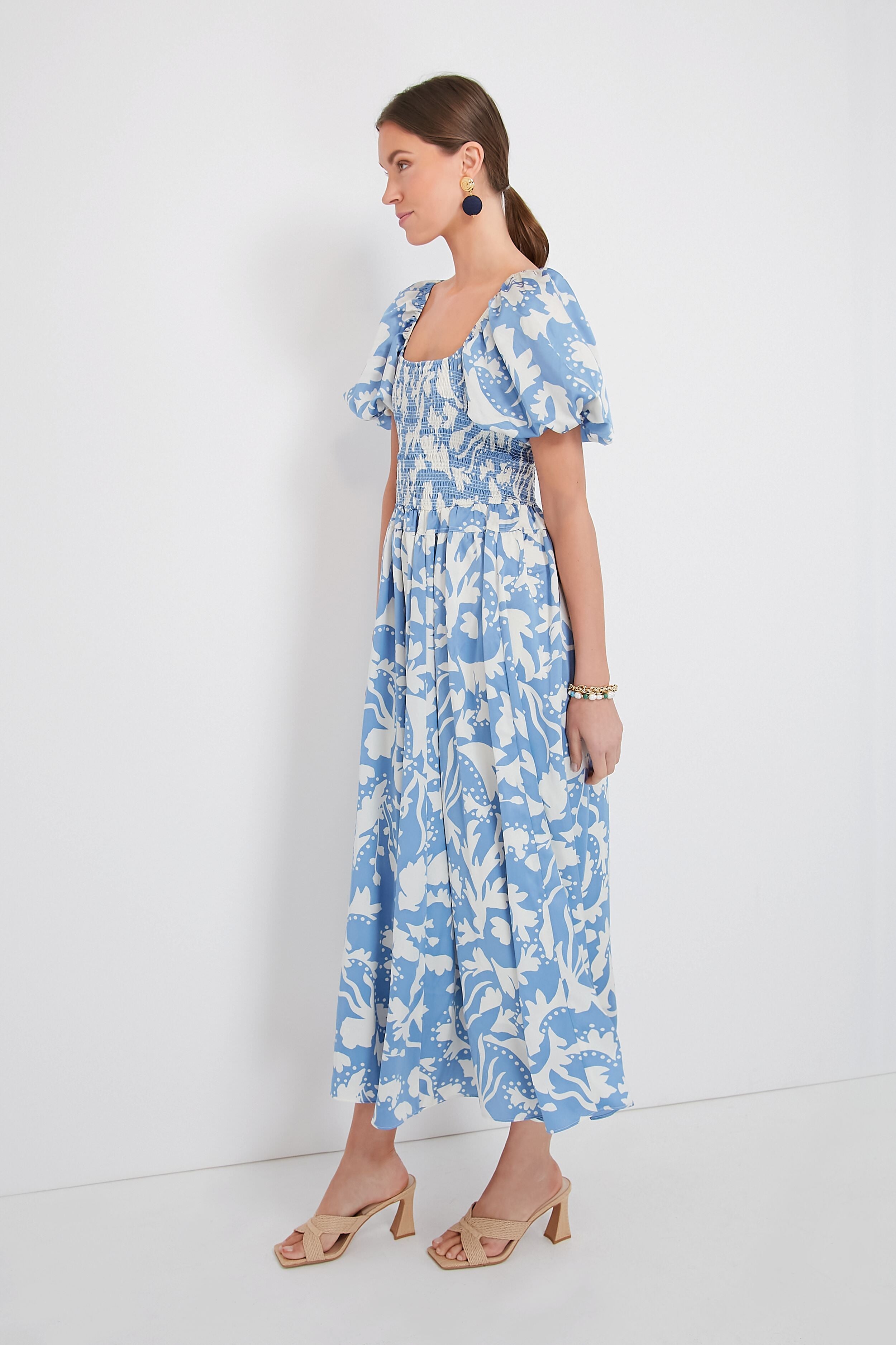 Stylish Blue Puff Sleeve Midi Dress for Women - Elegant Flowy Summer Dress for Parties, Weddings & Date Nights