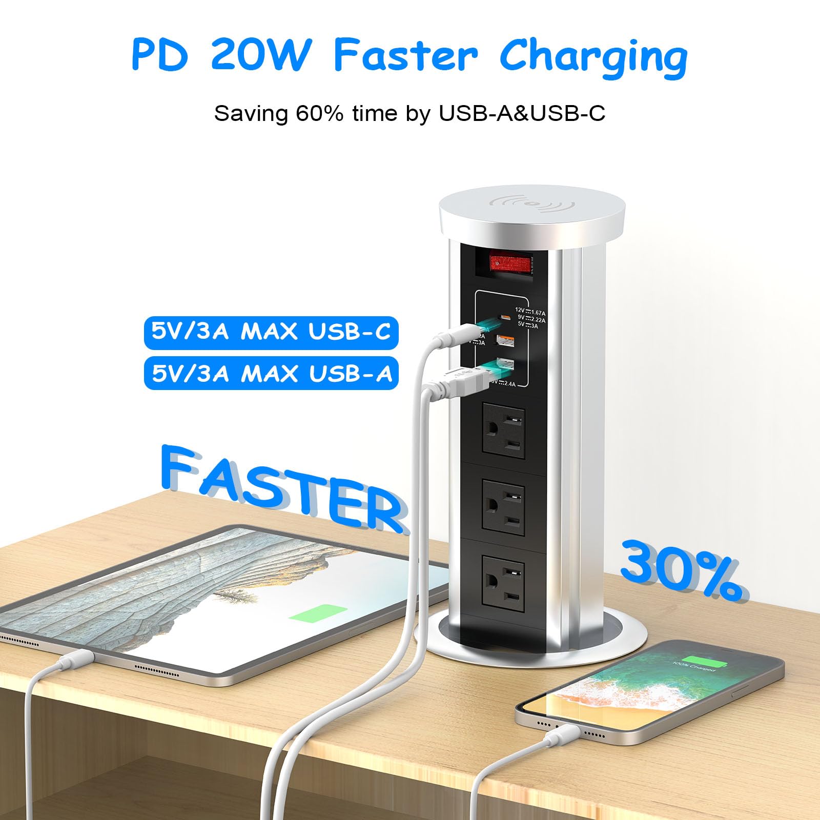 XBA Pop Up Outlet for Countertop - 4 Inch Recessed Power Strip with 15W Wireless Charger, PD 20W USB C, 2 USB A Ports & 3 AC Outlets - Hidden Electrical Outlet with 6FT Extension Cord - Perfect for Kitchen, Office, Conference Room & Home Use (Black)