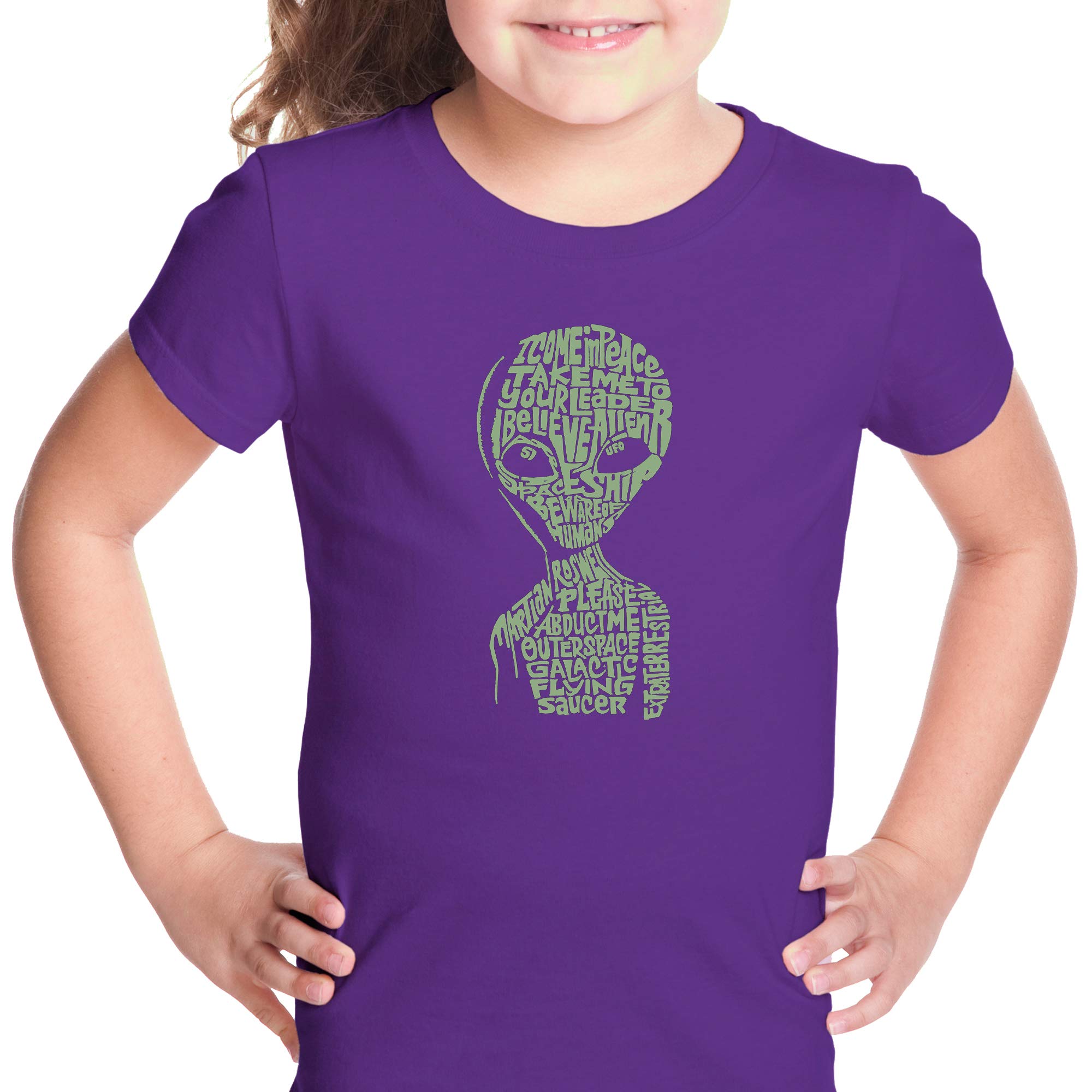 LA POP ART Girl's Word Art T-Shirt - Alien Graphic Tee | Trendy Streetwear for Teens | Perfect for Concerts, Parties & Casual Outfits
