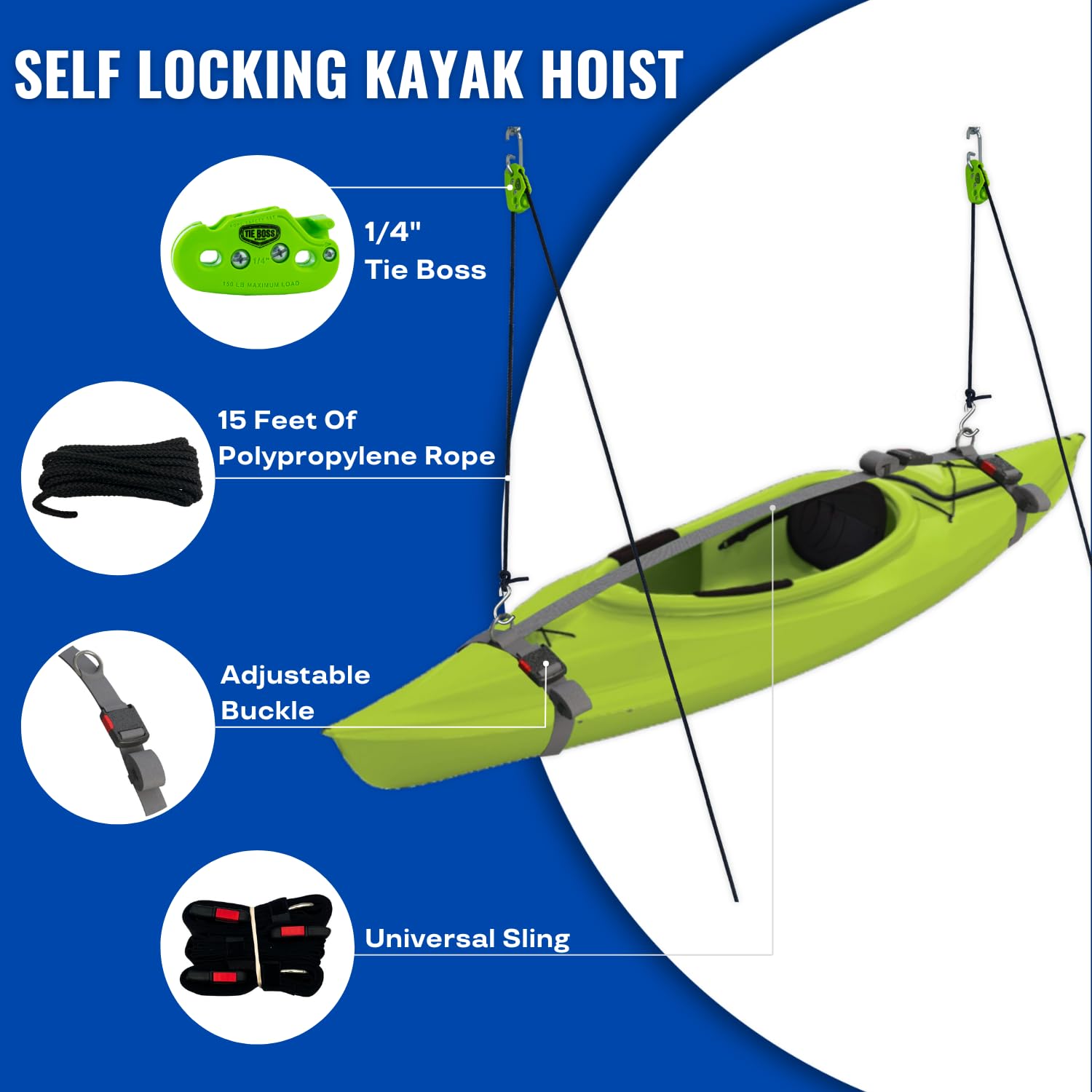 Tie Boss Kayak Hanger - Heavy Duty Ceiling Storage System for Kayaks, Canoes & Watercraft | Space-Saving Garage Organization | Easy Hoist Pulley System (Green) | Perfect for Garage, Shed or Basement Storage