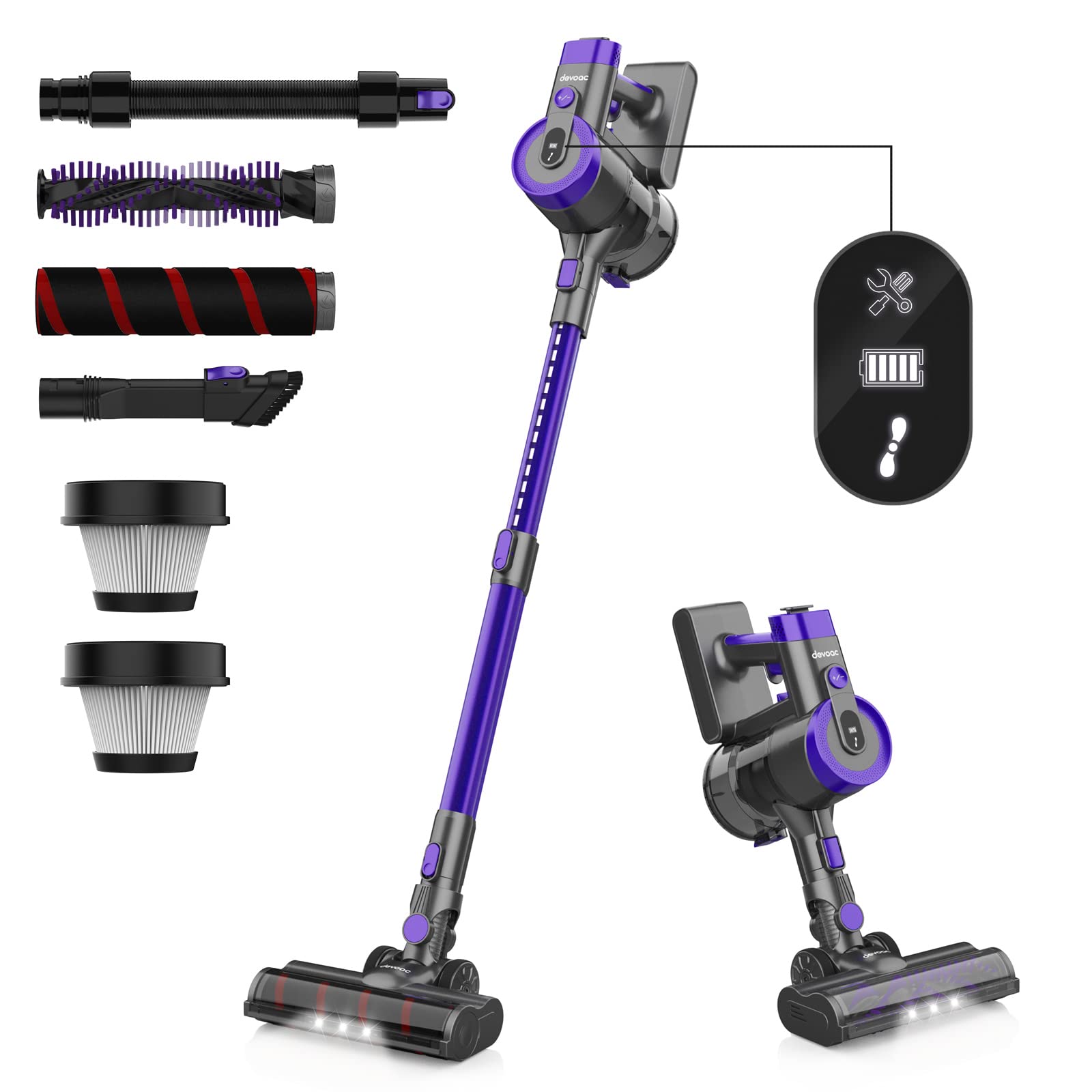 DevoacTech Cordless Vacuum Cleaner - Ultra Lightweight & Quiet Stick Vacuum with 365W Motor & 27KPa Strong Suction | 45 Min Runtime | 6-in-1 Handheld Vacuum for Hard Floors, Carpets & Pet Hair | Perfect for Home Cleaning, Pet Owners & Quick Pickups
