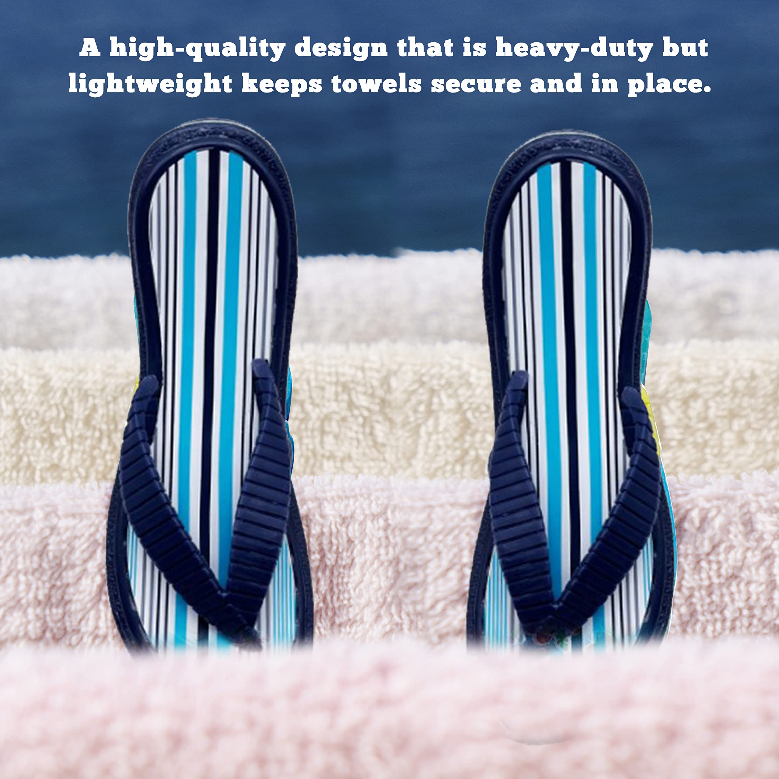 PERFORMORE 2-Pack Flip Flop Beach Towel Clips - Secure Portable Towel Holder for Chairs, Deck, Patio, Pool & Boat - Cruise & Lounge Chair Accessories with Blue Strap - Perfect for Beach, Vacation & Outdoor Relaxation