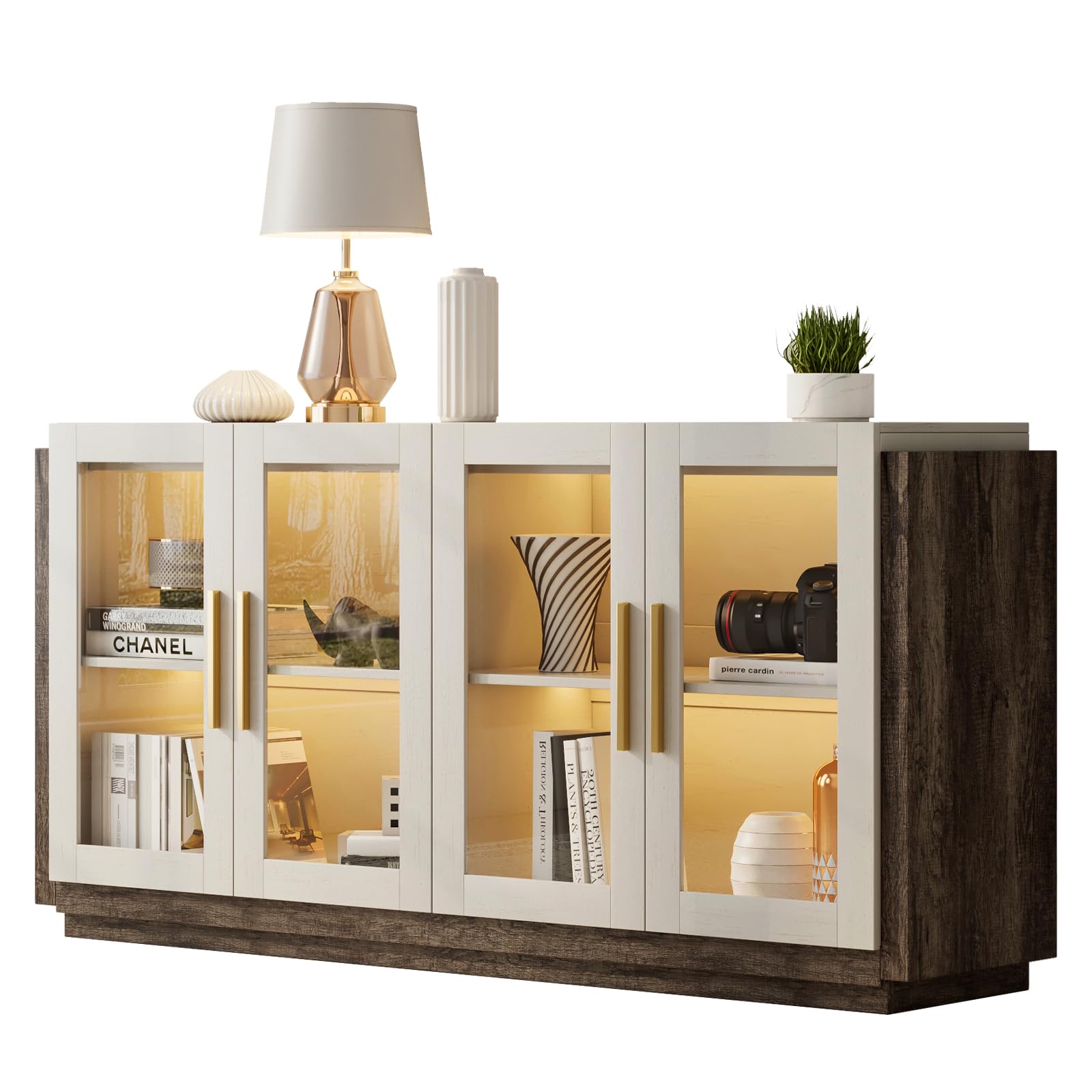 AMERLIFE Modern Sideboard Buffet Cabinet with LED Lights - White & Grey Accent Storage Cabinet with Glass Doors & Adjustable Shelves for Dining Room & Living Room | Perfect for Displaying China, Storing Linens, or as a Stylish TV Stand