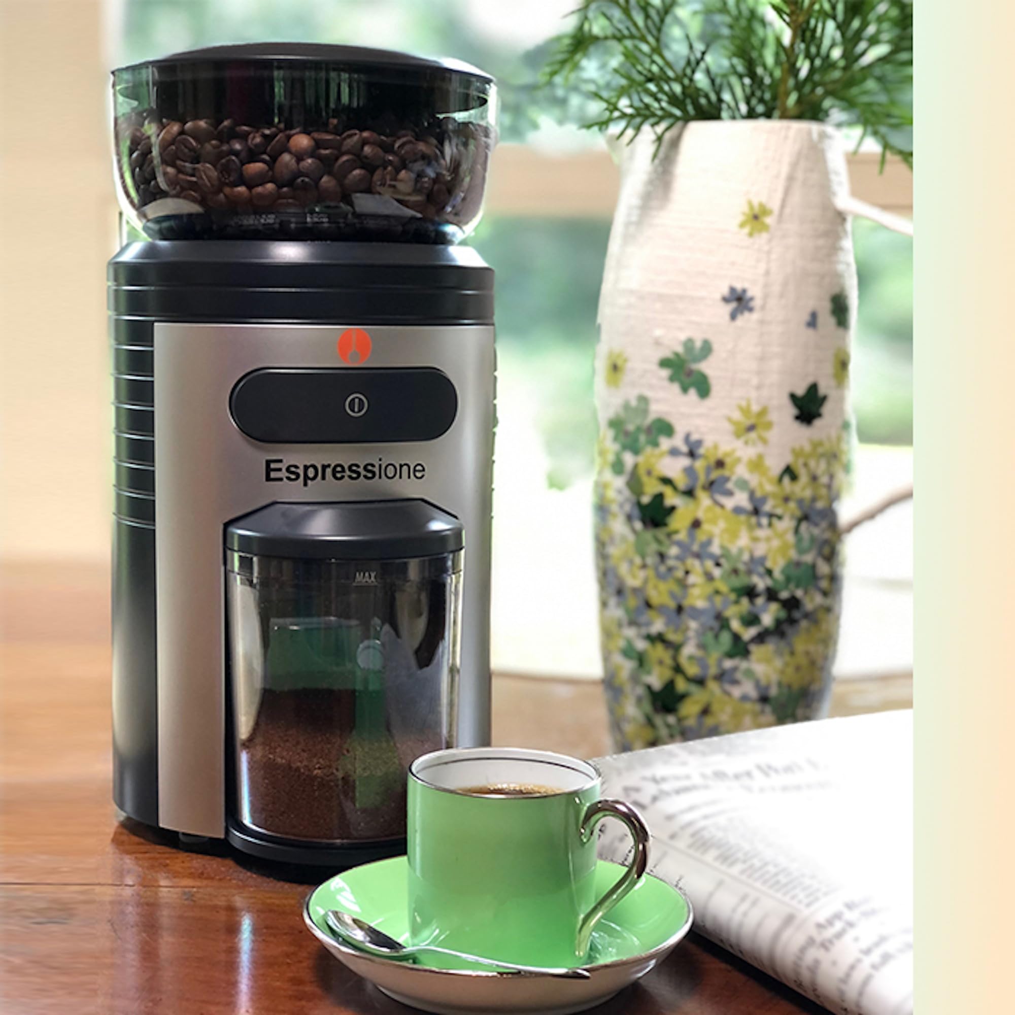 Premium Conical Burr Coffee Grinder - Adjustable Grind Size, 8.5oz Capacity, Black/Silver Finish - Perfect for Espresso, French Press & Pour Over Brewing at Home or Cafe