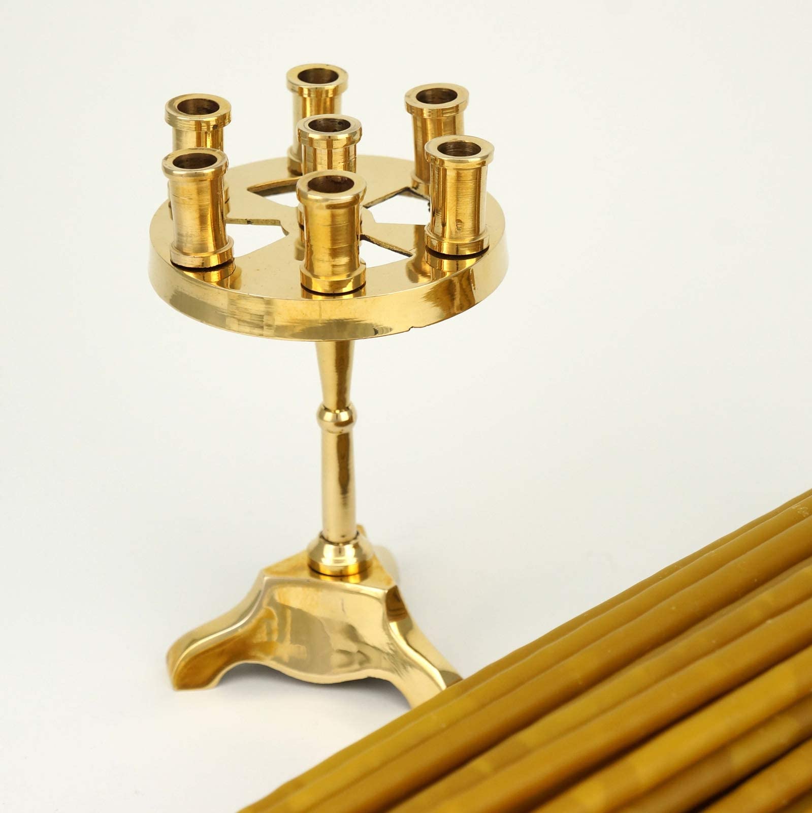 7 Candle Brass Candelabra Set - Orthodox Candle Holder with 100 Pure Beeswax Candles for Prayer Corner, Home Altar & Religious Decor | Perfect for Church, Meditation & Spiritual Spaces
