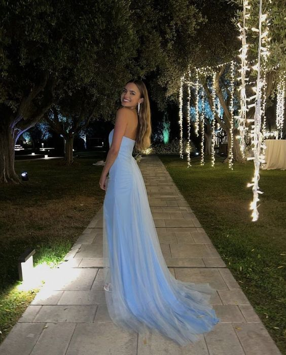 Elegant Light Blue Strapless A-Line Long Prom Dress with High Slit - Perfect for Homecoming, Formal Dances & Evening Parties