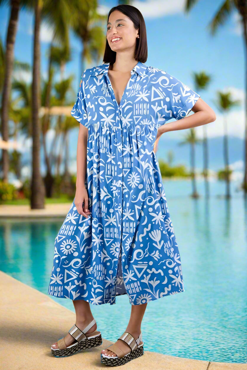 Plus Size Oversized Blue & White Striped Shirt Midi Dress for Women - Casual & Boho Style Summer Outfit for Beach, Vacation, or Everyday Wear