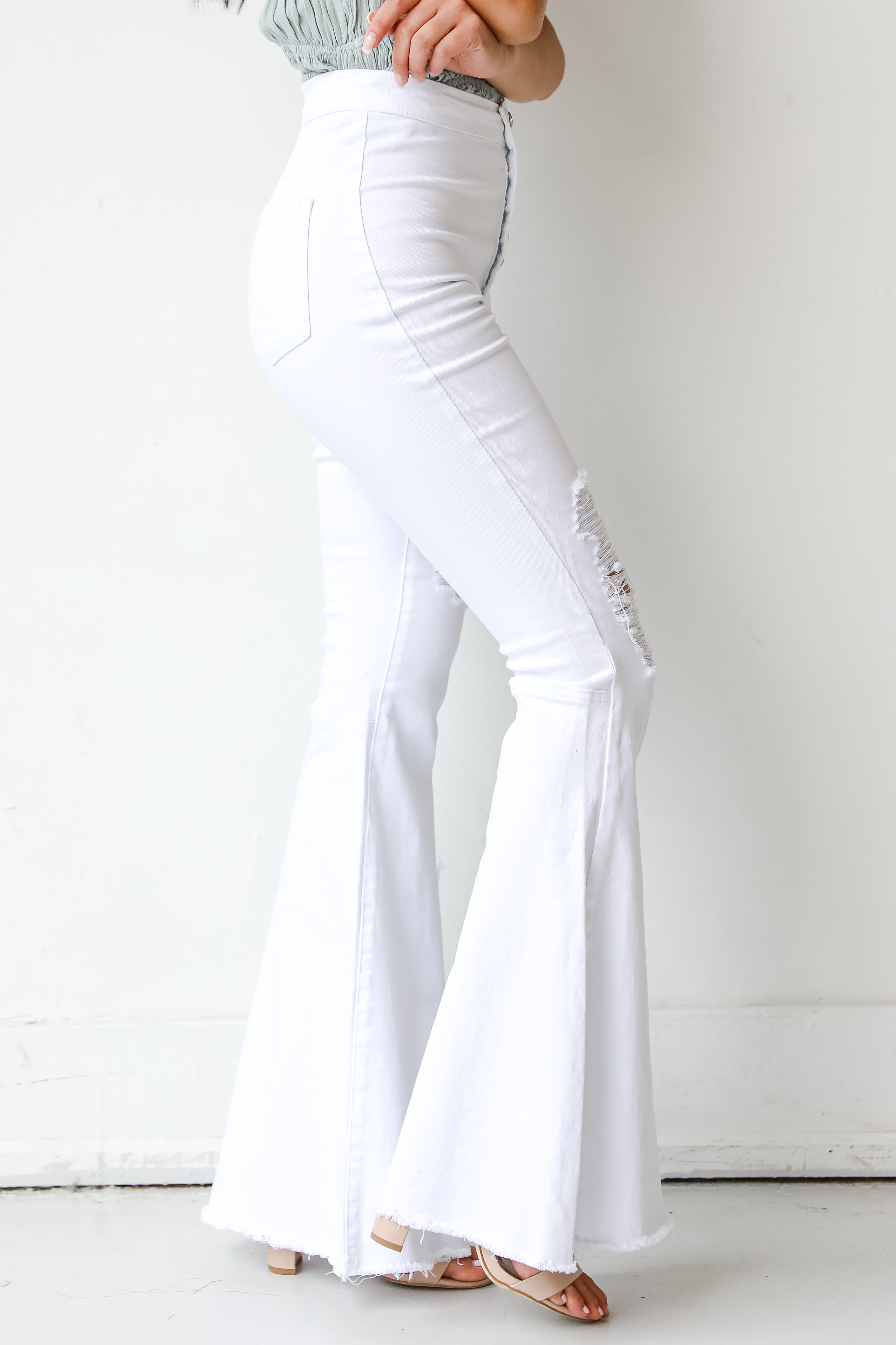 Distressed White Flare Jeans for Women - Vintage High Waisted Stretch Denim Pants | Perfect for Casual Outfits, Boho Style & 70s Fashion