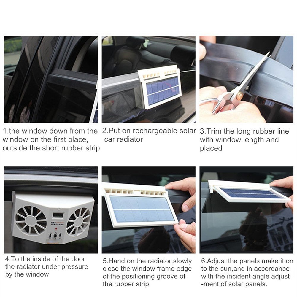 Solar Powered Car Window Fan - Universal Front/Rear Window Ventilation Cooler with Exhaust Radiator - Eliminates Odors & Keeps Car Cool (White) - Perfect for Hot Days, Road Trips & Parking in the Sun