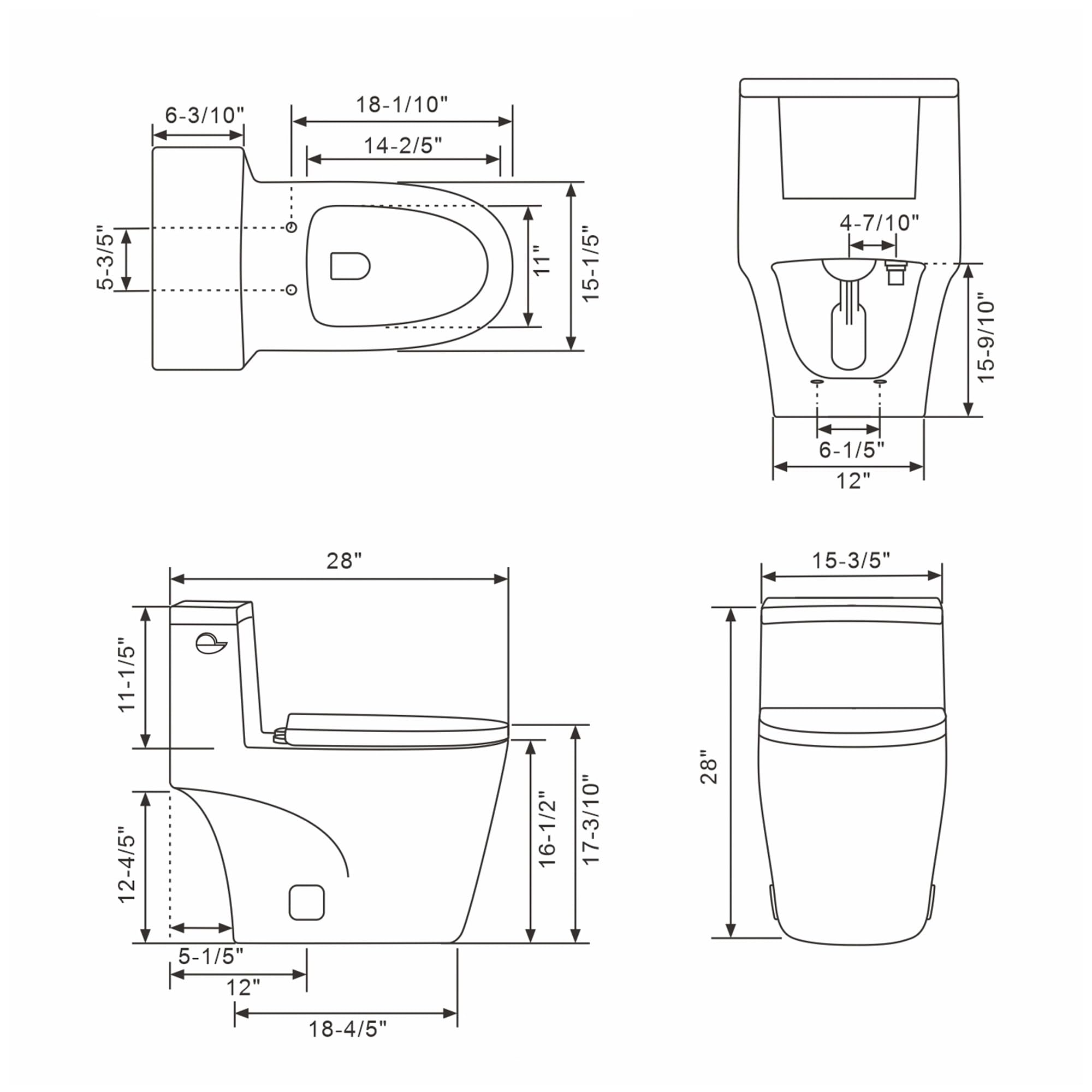 **Sarlai 1.28 GPF Modern White Ceramic One-Piece Toilet - Elongated Comfort Height, 12