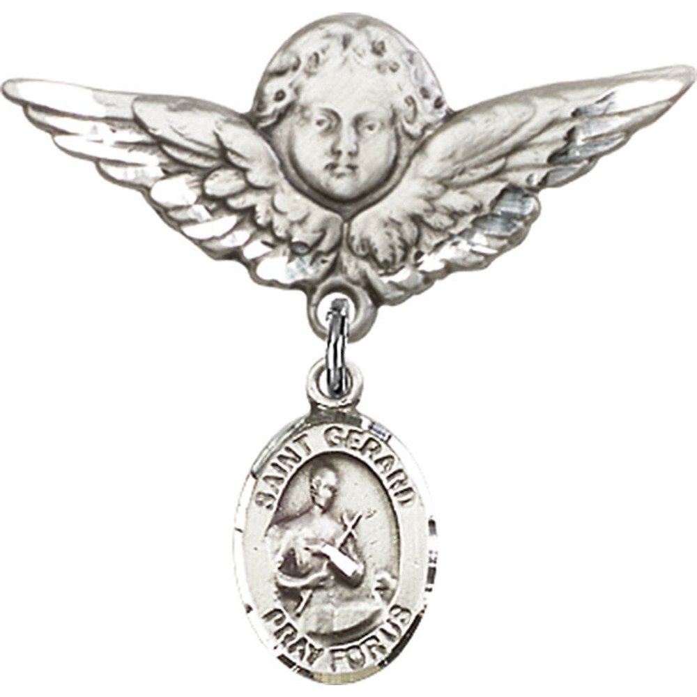St. Gerard Sterling Silver Baby Badge with Angel Wing Charm - 1 1/8 Inch Religious Pin for Baptism, Christening & Newborn Blessings