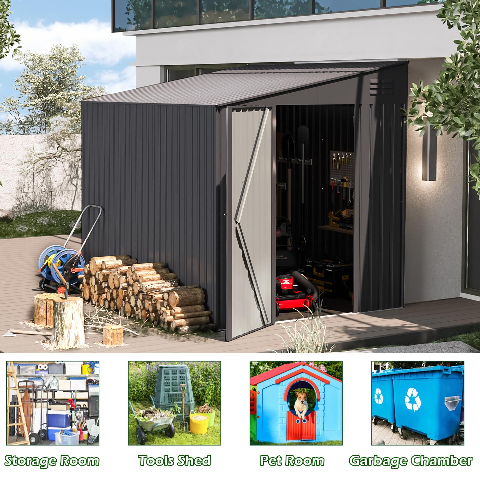 AECOJOY 6' x 8' Metal Storage Shed - Outdoor Lean-to Bike Shed, Garden Storage Cabinet for Backyard, Patio & Yard Organization | Weather-Resistant Dark Grey | Perfect for Storing Bikes, Tools & Outdoor Equipment