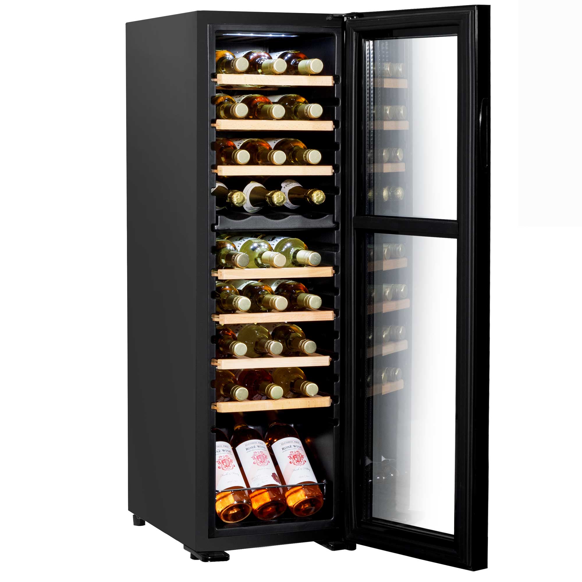 Baridi 27 Bottle Dual Zone Wine Cooler Refrigerator - Touch Screen Control, Adjustable Wooden Shelves, LED Lighting - Perfect for Home Bars, Restaurants, and Wine Cellars