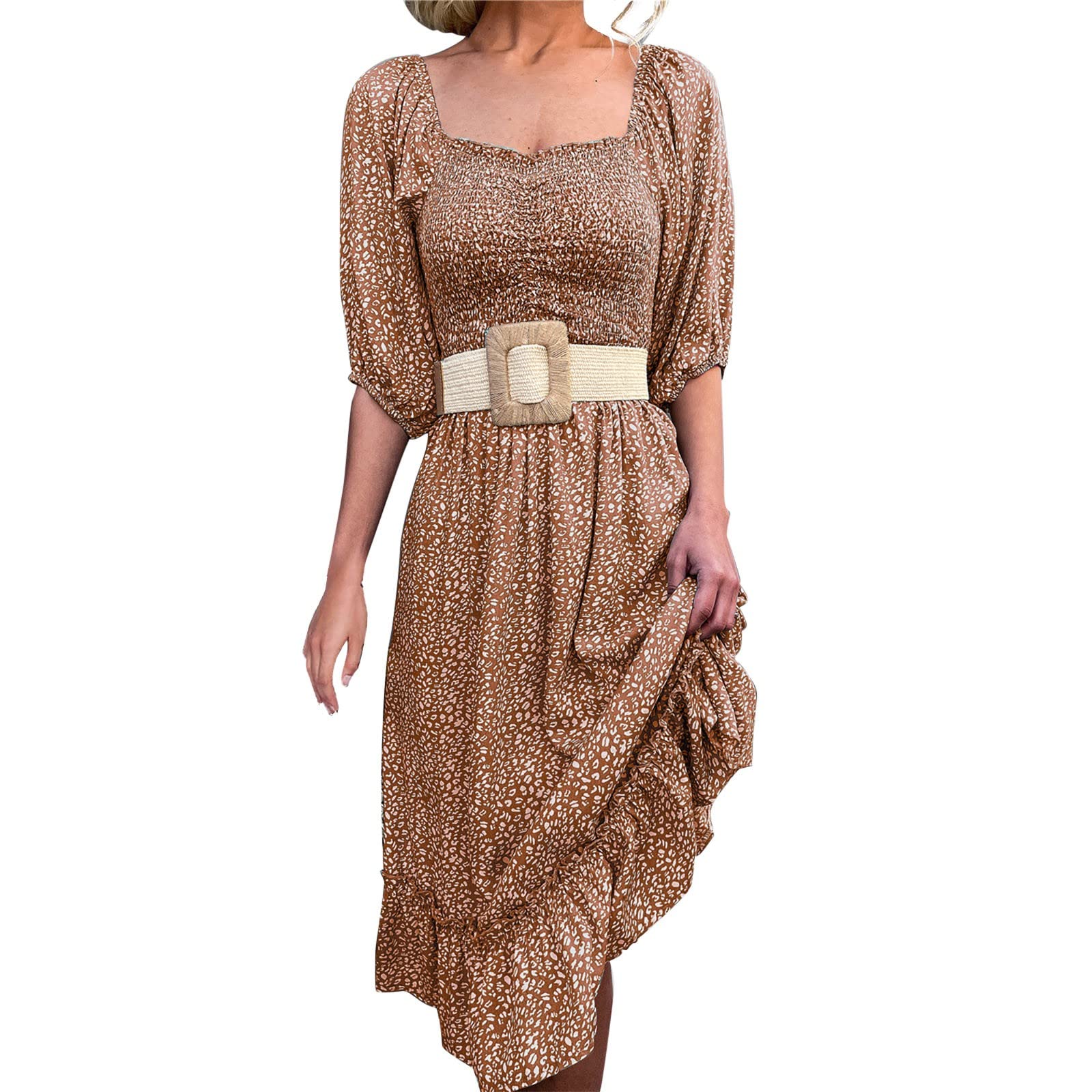 Women's Flowy Summer Midi Dress with Puff Sleeves & Square Neck - Elastic Waist, Side Split Print for Casual & Work Wear | Perfect for Office, Beach Vacations & Date Nights