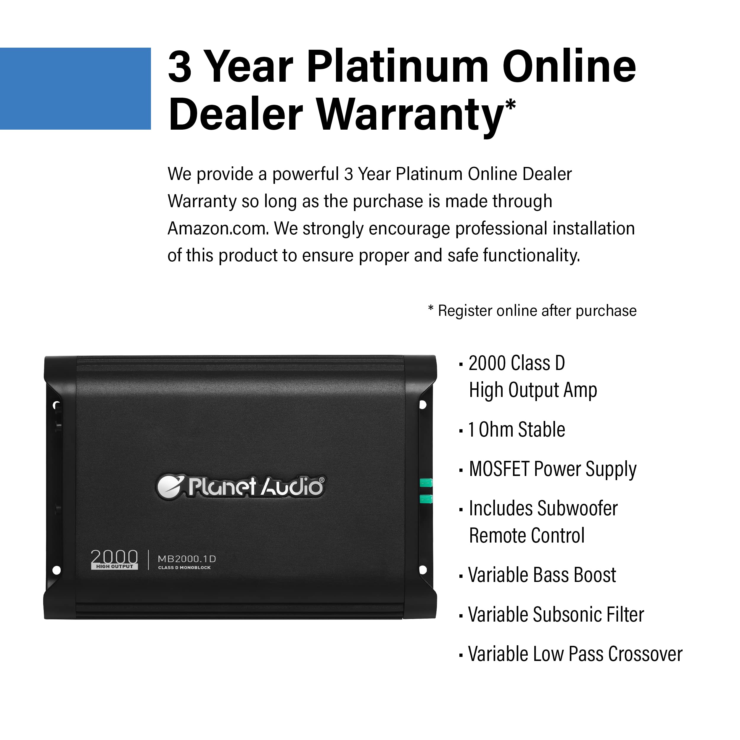 Planet Audio MB2000.1D 2000W Class D Monoblock Car Amplifier - 1 Ohm Stable, MOSFET Power Supply, High Output for Car Speakers & Subwoofers | Perfect for Car Audio Systems & Bass Upgrades