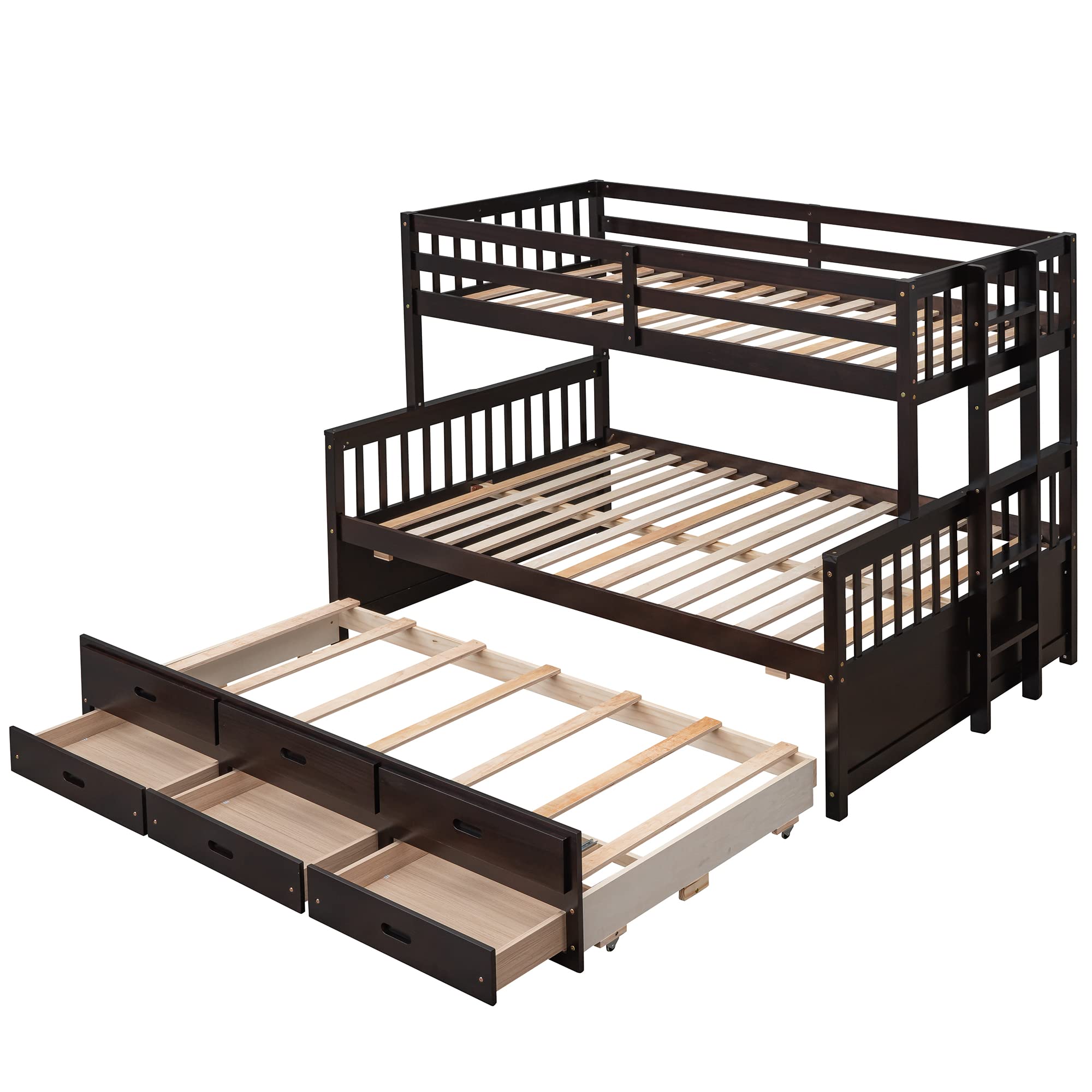 Harper & Bright Twin Over Full Bunk Bed with Trundle & Drawers - Convertible Wood Bed Frame for Kids & Teens - Space-Saving for Small Bedrooms