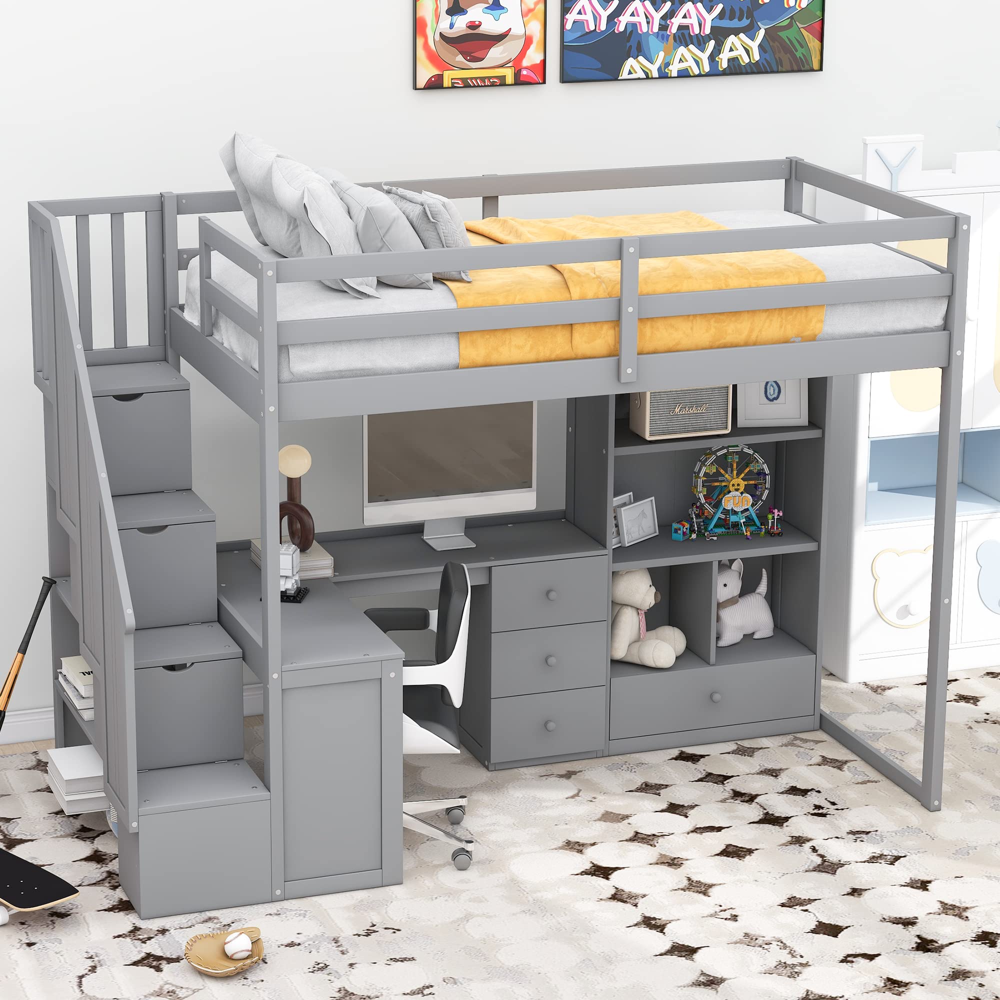 HABITRIO Twin Size Loft Bed with L-Shaped Desk, Storage Staircase & Drawers - Space Saving Study Bed with Cabinet & Shelves for Small Rooms, Grey - Perfect for Kids & Teens Bedroom, Dorm Room or Studio Apartment