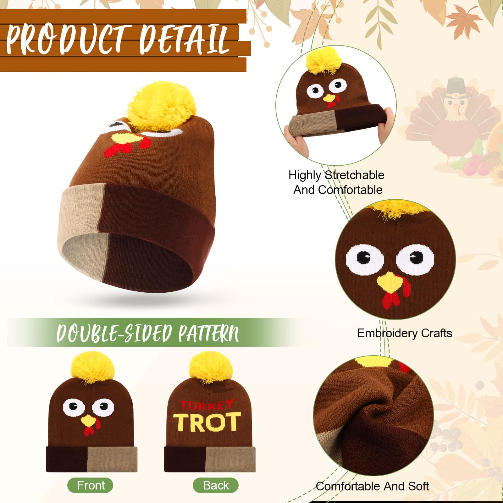 Liitrsh Thanksgiving Turkey Beanie Hat - Warm Knitted Winter Cap for Running, Costume Accessories & Holiday Outfits - Fun Cartoon Design for Turkey Trot Races, Christmas Parties & Festive Gatherings