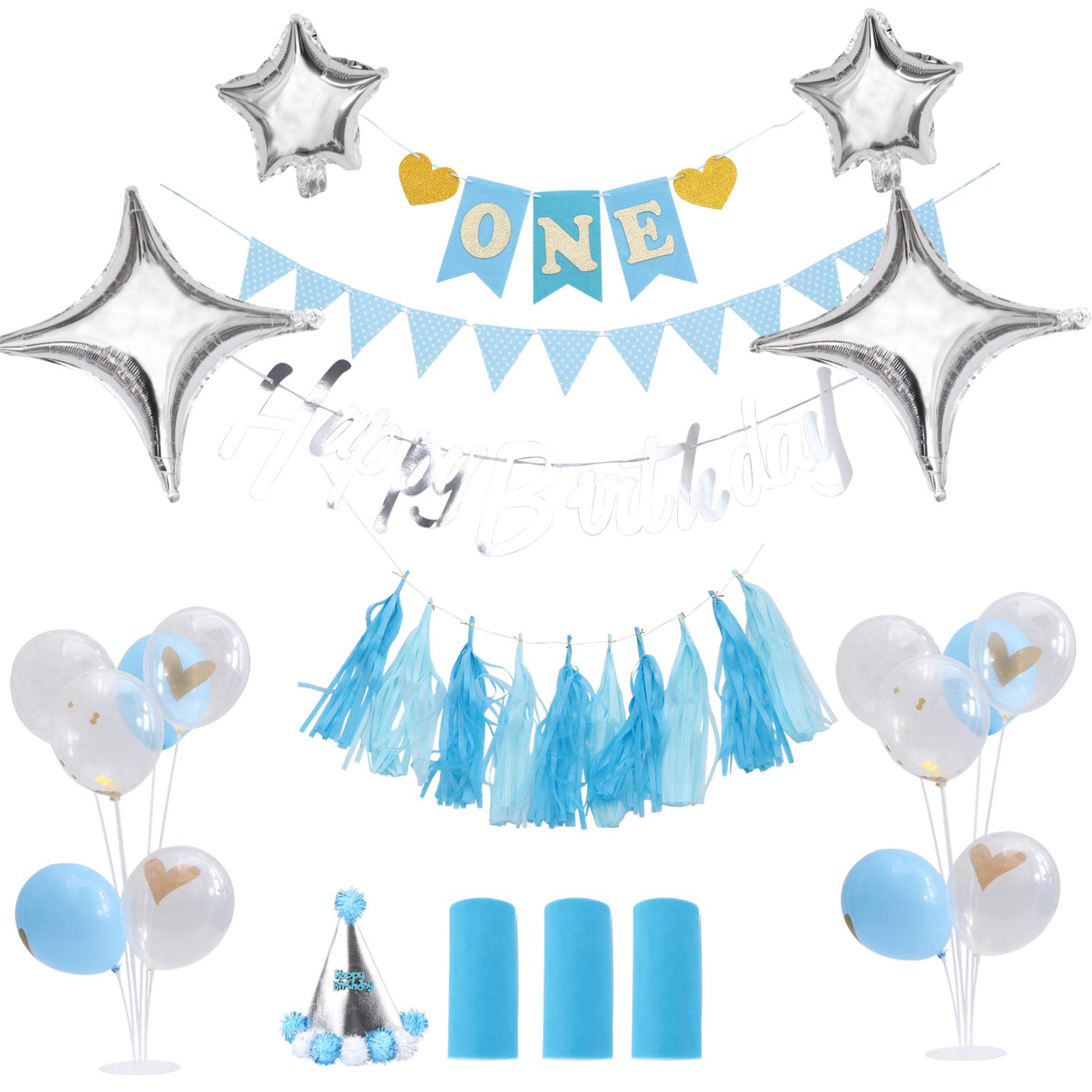 Amosfun ONE High Chair Decoration Set - First Birthday Party Supplies with Banner, Foil Balloons, Tassel Garland for Baby Shower, Nursery Wall Decor (Blue) | Perfect for 1st Birthday Celebrations, Baby Showers & Nursery Room Decorations