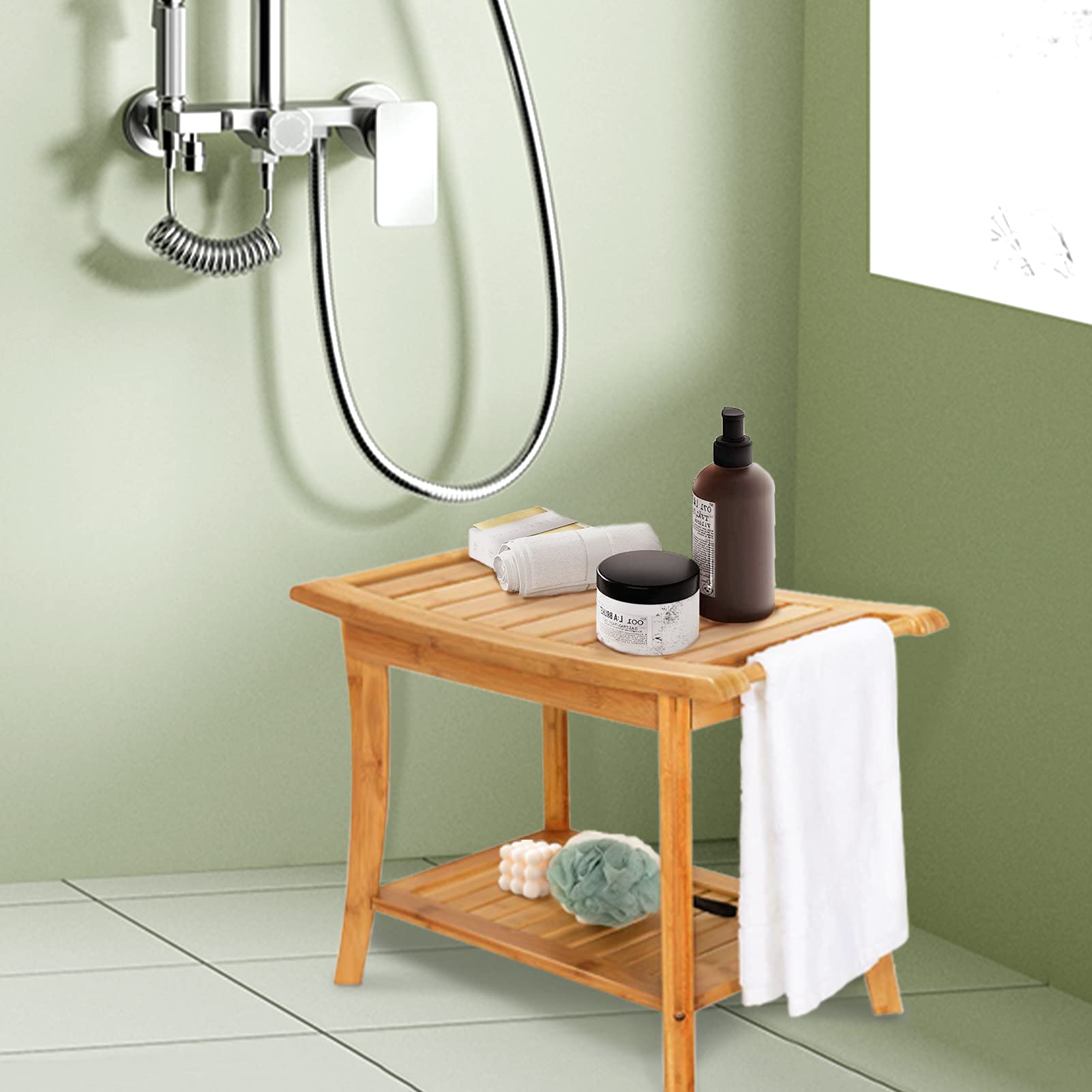 Gnomiya Bamboo Shower Bench with Handles & Storage Shelf - Wooden Shower Stool Seat for Bathroom, Spa, Shaving Legs & Relaxation - Non-Slip Bath Chair for Elderly & Disabled (Perfect for Small Spaces & Wet Rooms)