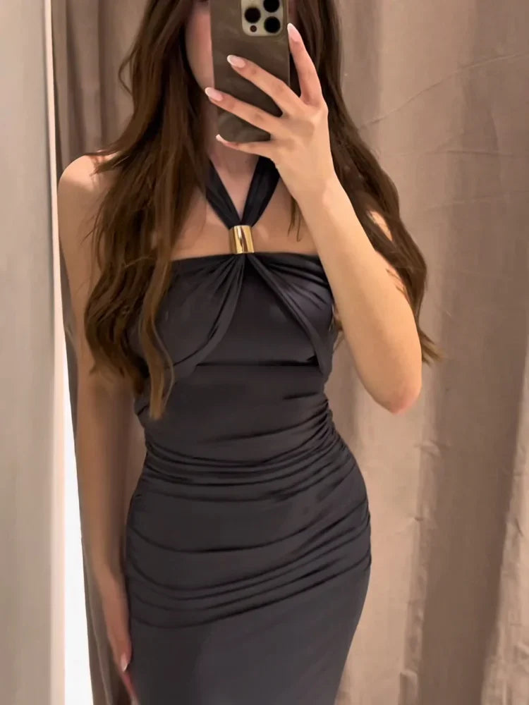Elegant Sleeveless Backless Solid Color Midi Dress for Women - Fashion Metal Ring Pleat Long Summer Dress, Slim Fit Lady Robe - Perfect for Beach Parties, Evening Events & Vacation Wear