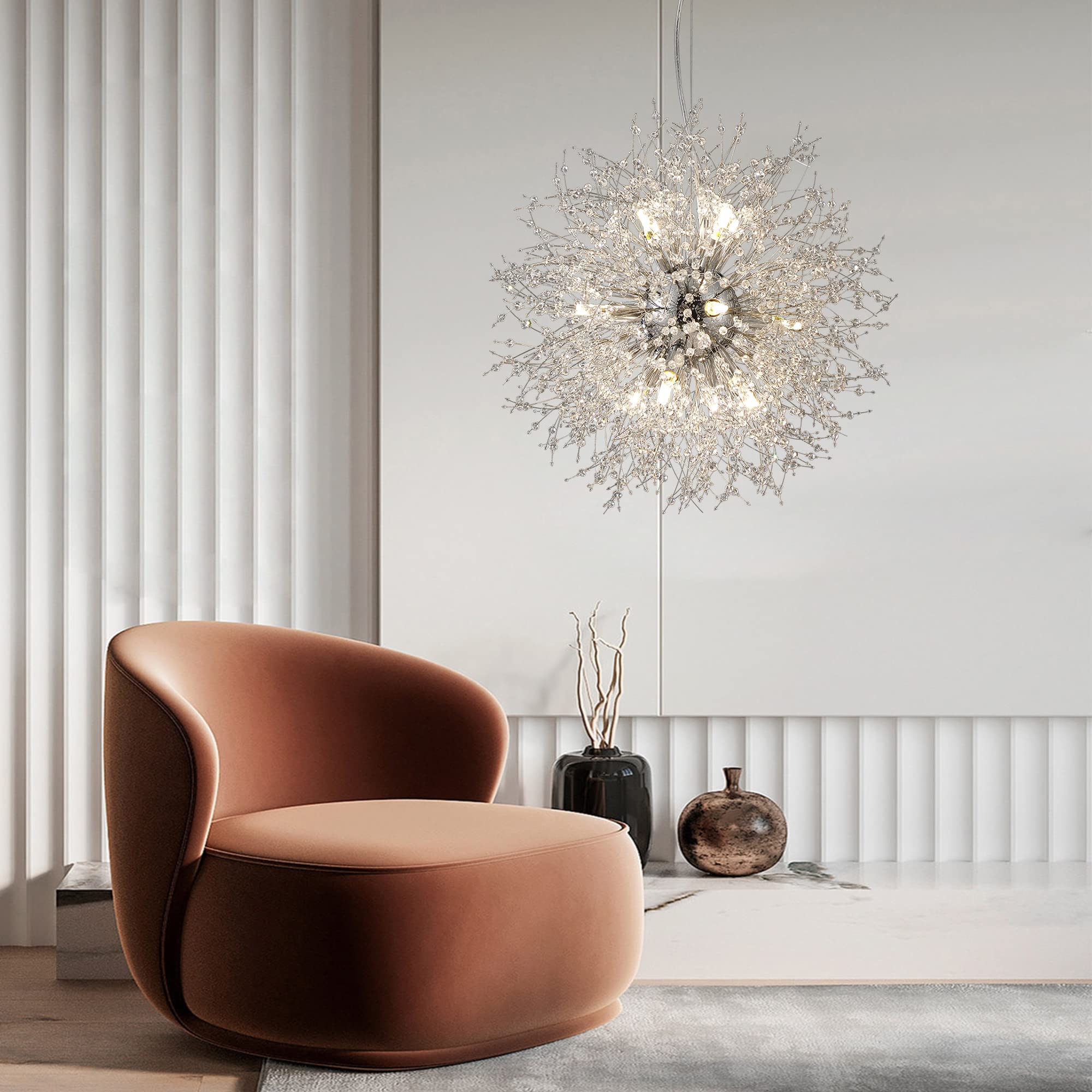 Modern Dandelion Chandelier - Chrome Firework Hanging Lamp with Sputnik Crystal Pendants - 16-Light Fixture for Kitchen Island, Dining Room & Living Room (25.59