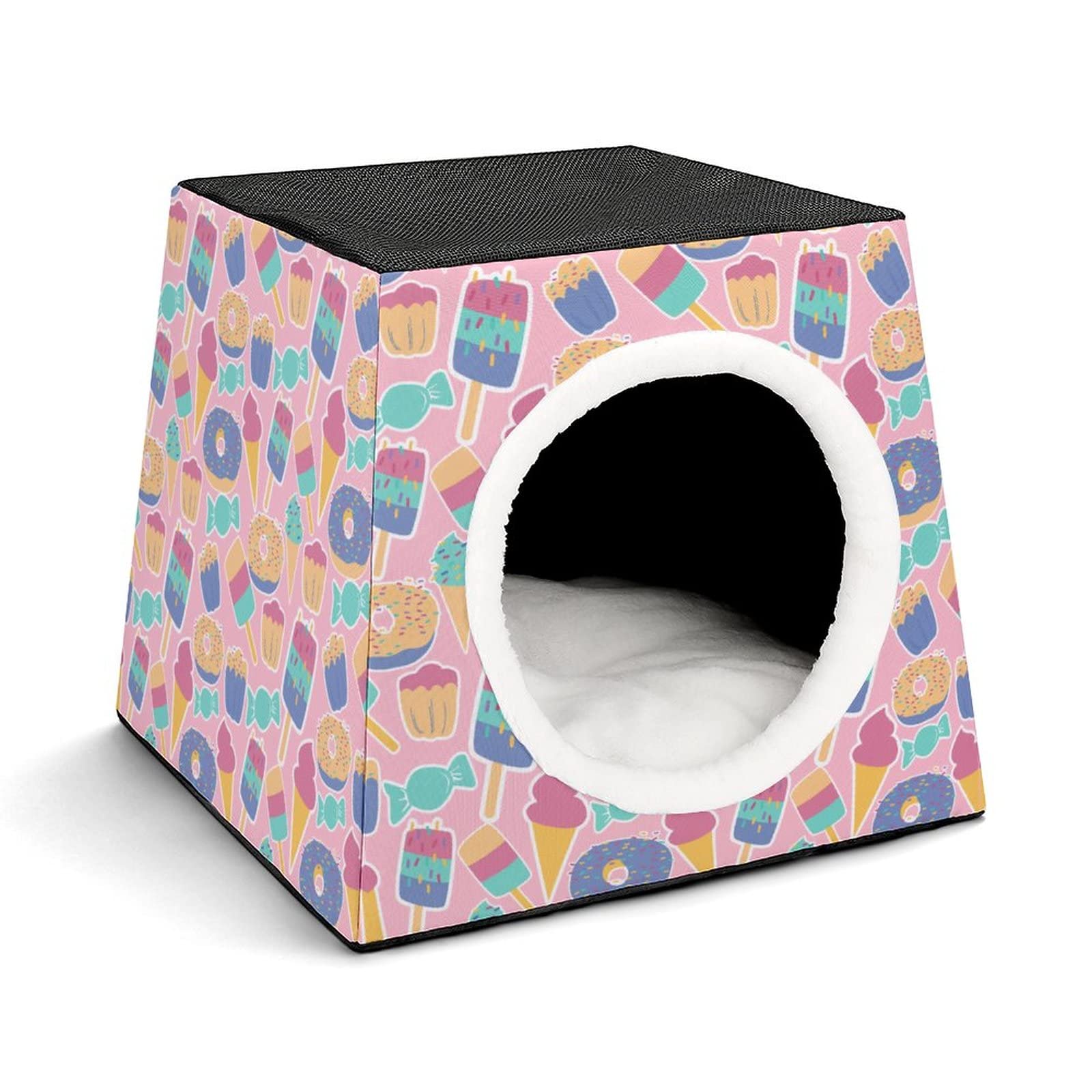 Printed Cat Cube Kitty House - Indoor Cat Bed & Small Dog Shelter - Warm & Cozy Pet Sofa - Perfect for Cuddling, Napping & Playtime