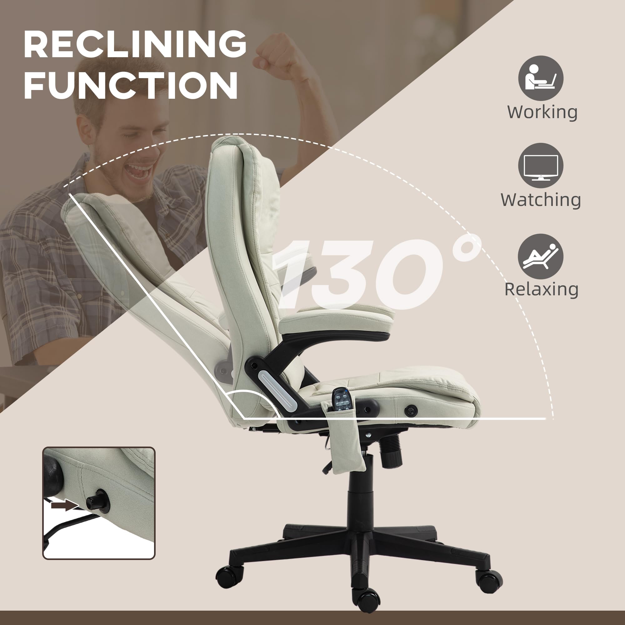 HOMCOM 6-Point Vibrating Massage Office Chair with Heating - High Back Executive Chair, Reclining Backrest & Padded Armrests - Remote Control - Beige Microfiber - Perfect for Home Office, Gaming & Relaxation