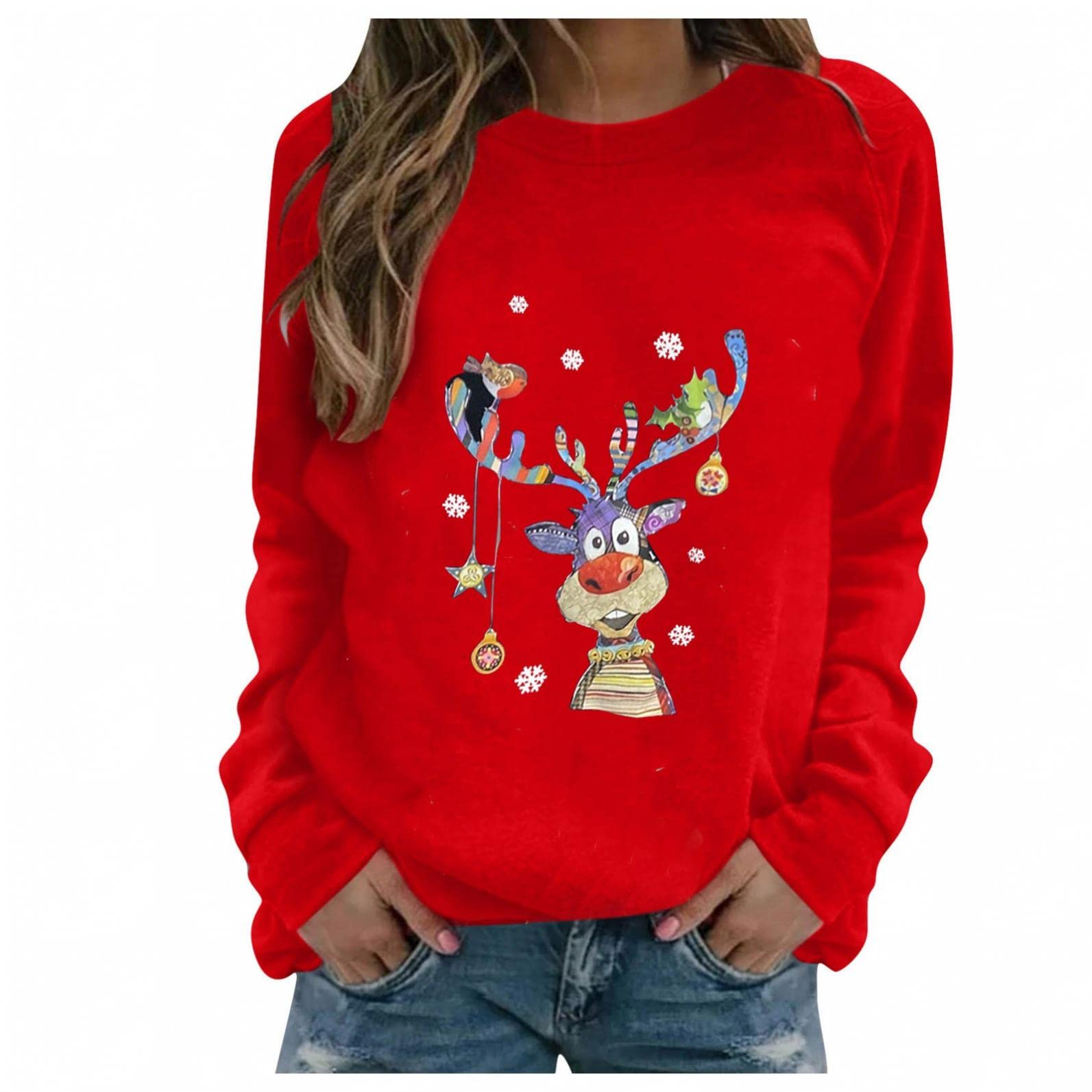Funny Ugly Christmas Sweaters for Women - Reindeer Graphic Crewneck Long Sleeve Pullover Tops | Holiday Party, Family Gathering & Office Christmas Outfit