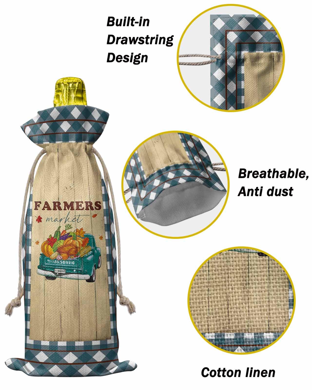 Reusable Wine Bottle Bags with Drawstrings - Fall Harvest Pumpkin Plaid Design for Thanksgiving, Farmers Market & Parties (Set of 1) | Perfect Gift for Birthday Celebrations & Holiday Gatherings