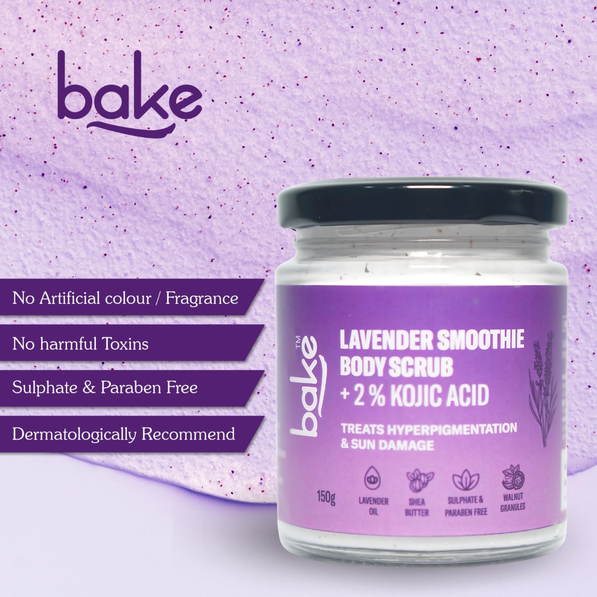 BAKE 2% Kojic Acid Lavender Body Scrub - Brightening & Exfoliating Treatment for Hyperpigmentation, Dark Spots & Uneven Skin Tone | Tan Removal & Skin Whitening | Targets Dark Knees, Elbows & Neck | 150g Natural Skincare | Perfect for Post-Sun Care & Pre-Party Glow Prep