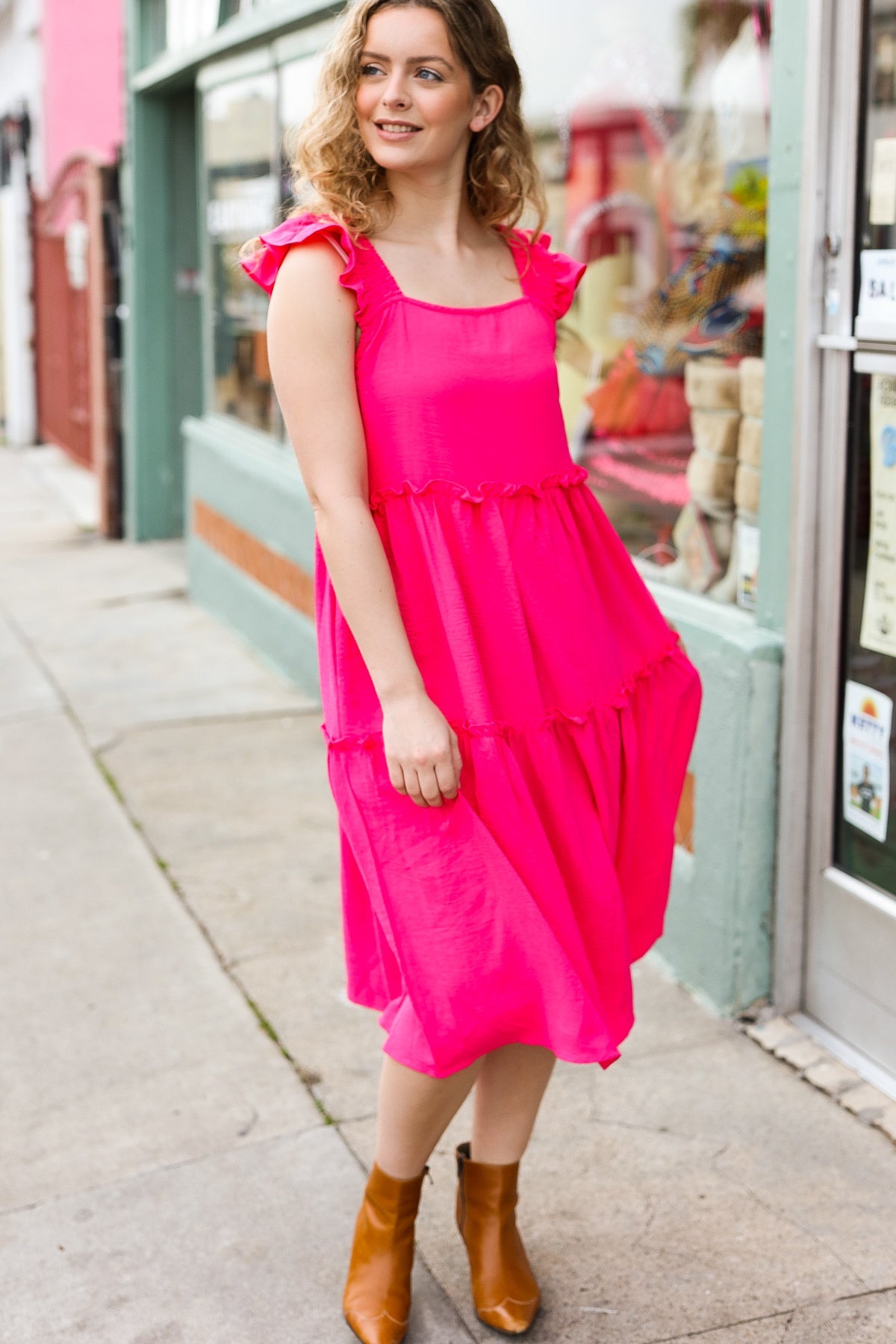 Fuchsia Smocked Flutter Sleeve Tiered Midi Dress for Women - Elegant Summer Casual & Wedding Guest Outfit