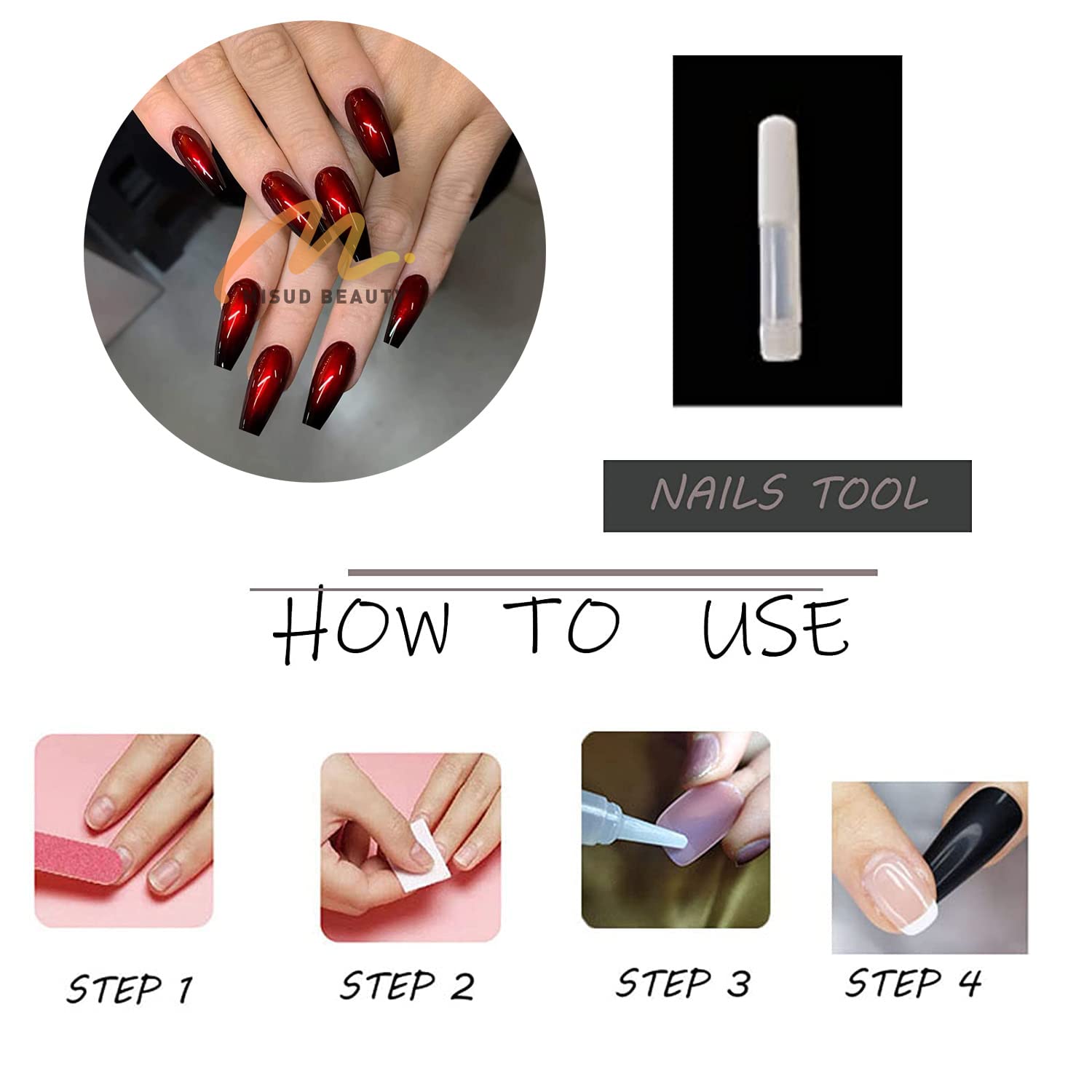 MISUD Long Coffin Press on Nails - 24pcs Ballet Ballerina Fake Nails with Glossy Finish, Goth Black Red Ombre Acrylic Nails for Women & Girls DIY | Vintage Nail Art Design for Parties, Halloween & Special Occasions