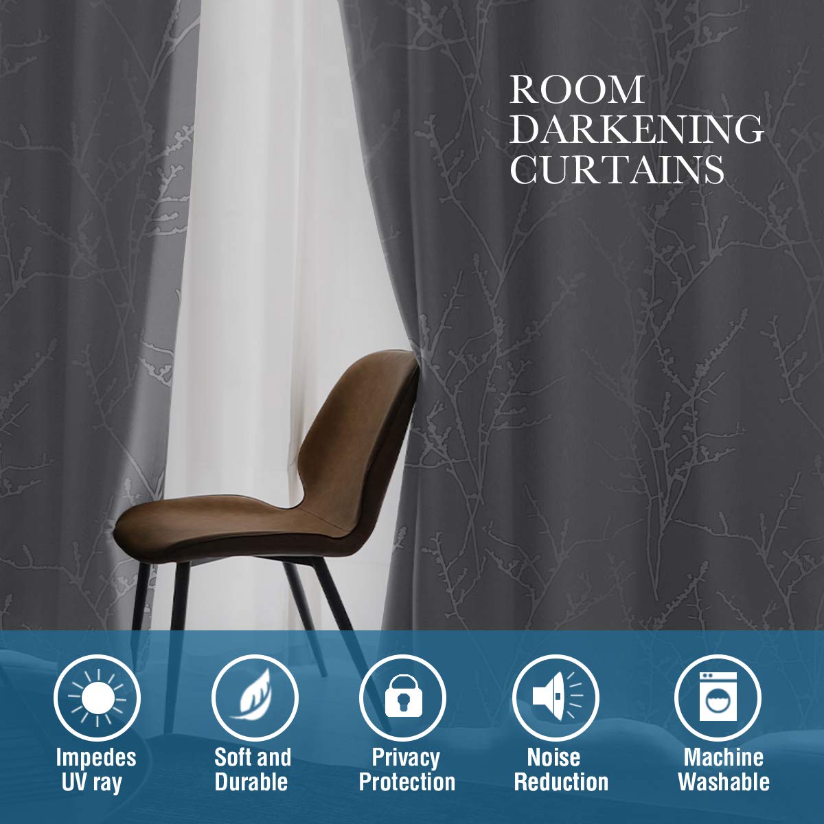 H.VERSAILTEX Blackout Curtains 52x96 Inch - Thermal Insulated Light Blocking Window Curtains with Foil Print Twig Tree Branch Design, Grommet Top for Bedroom & Living Room (2 Panels, Greyish White) - Perfect for Home Theater, Nursery & Shift Workers