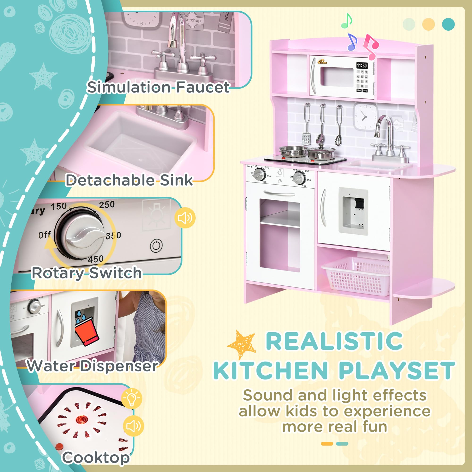 Qaba Kids Pretend Play Kitchen Toy Set - Realistic Design with Stove Lights, Storage & Water Dispenser - Educational Cooking Playset for Toddlers Ages 3-6 (Pink) - Perfect for Role Play, Birthday Gifts & Preschool Learning Activities