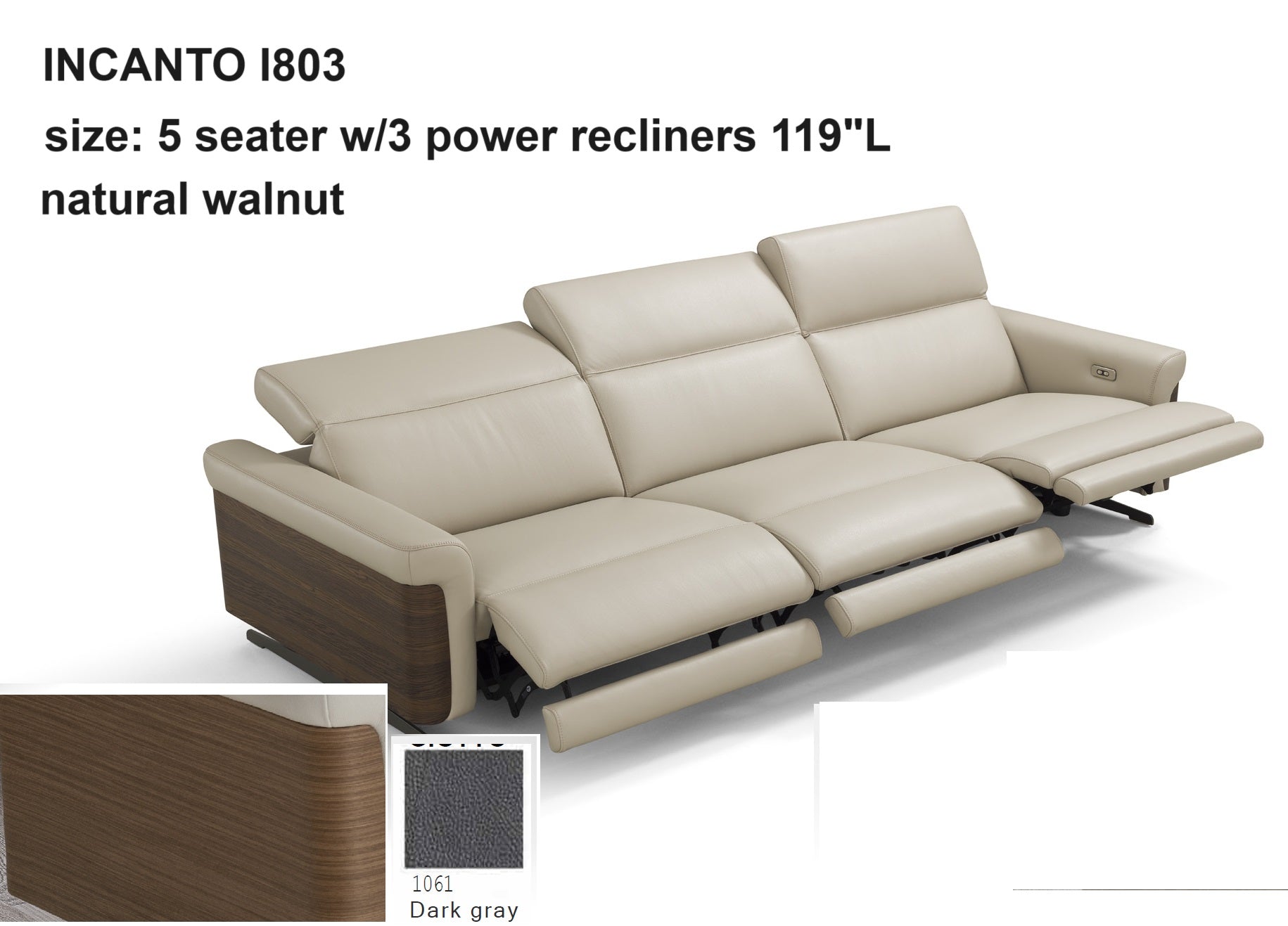 INCANTO I803 Extra Large Sofa 119L with Walnut Arm Accents & 3 Power Recliners - Modern Living Room Furniture for Home Theater & Family Relaxation