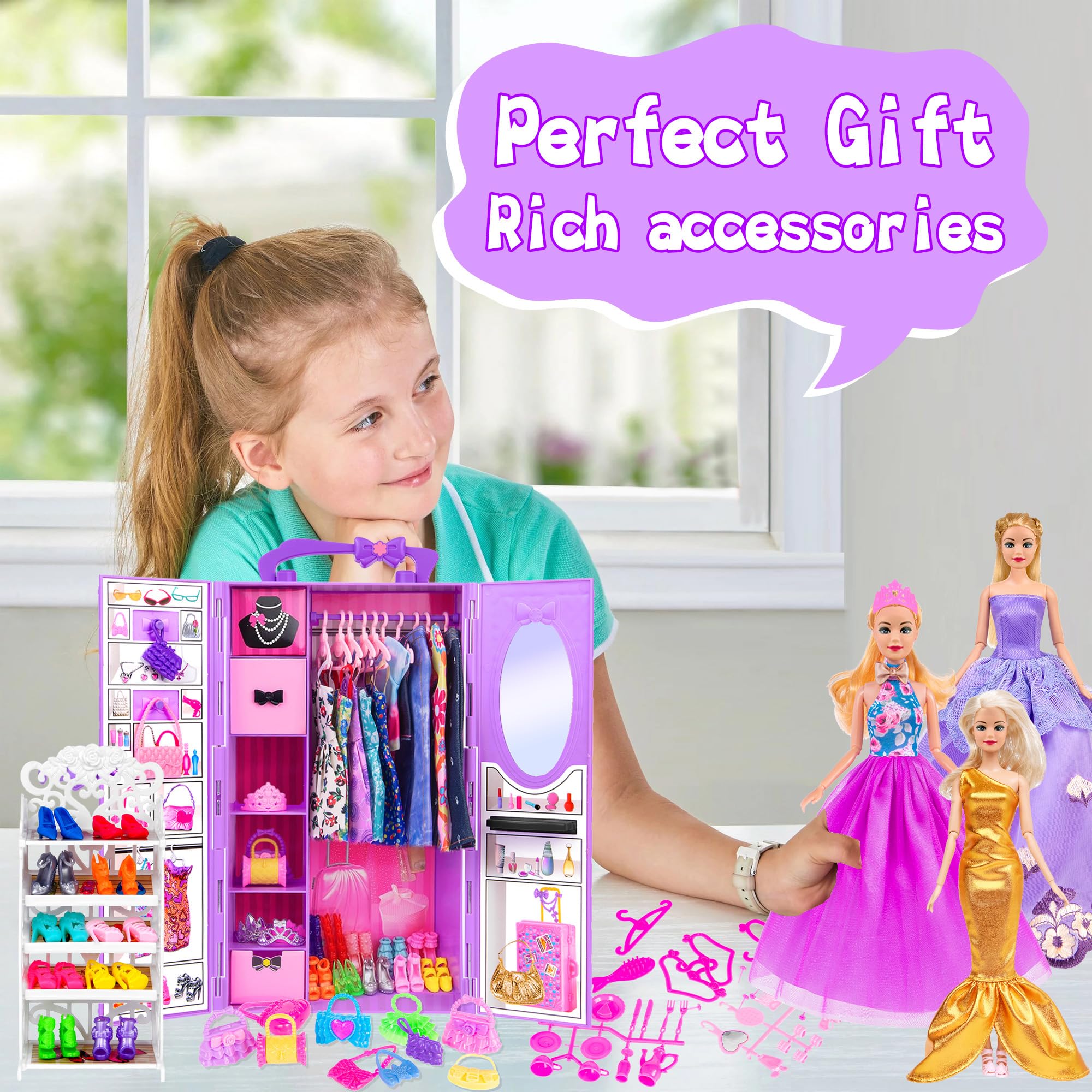 101 Pcs Doll Clothes & Accessories Set - Purple Doll Wardrobe Closet Playset for 11.5 Inch Girl Dolls with Dress, Shoes, Hangers & Shoe Rack | Perfect for Pretend Play, Birthday Gifts & Role-Playing Games