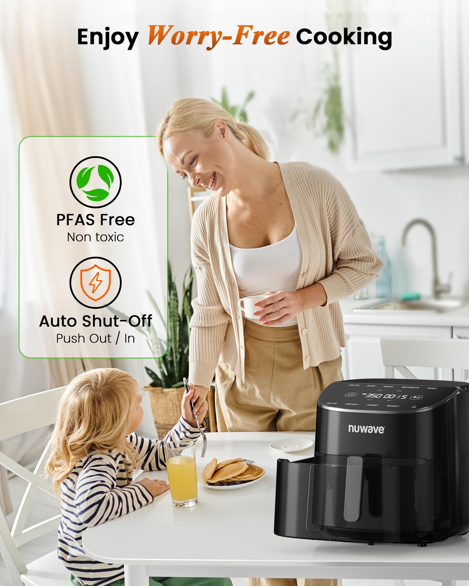Nuwave Brio Plus 8 Qt Air Fryer – PFAS-Free, 7-in-1 Digital Cook Functions (Air Fry, Bake, Roast, Dehydrate, Toast, Reheat, Preheat), 150 Presets, 50°F-400°F, 700W-1800W – Perfect for Healthy Cooking, Meal Prep & Family Dinners
